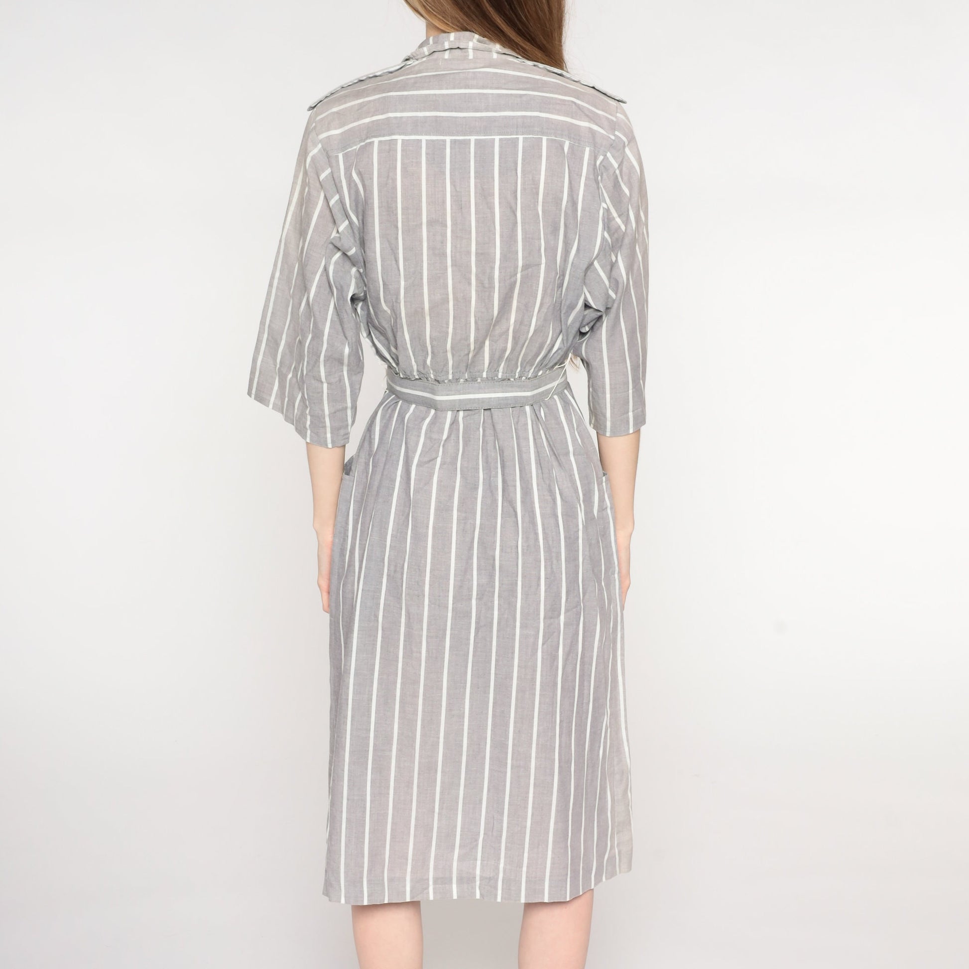 80s Grey & White Striped Midi Wrap Dress V-Neck 3/4 Sleeve Medium