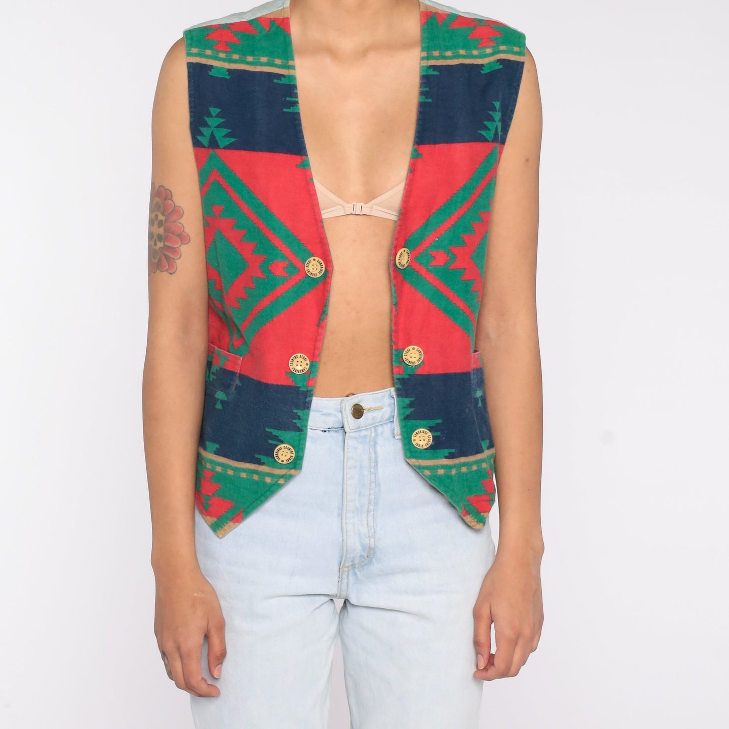 90s Southwestern Vest Cotton Button Up Sleeveless Red Blue Geometric Medium M