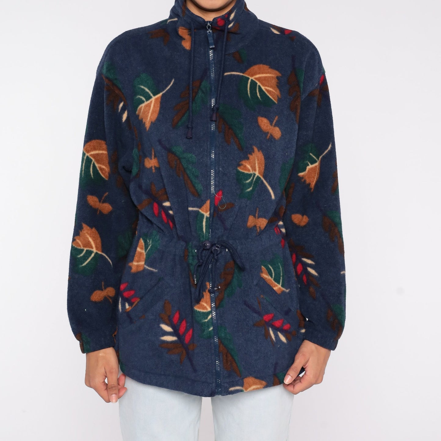 90s Navy Leaf Print Fleece Jacket Zip Up Windbreaker Medium