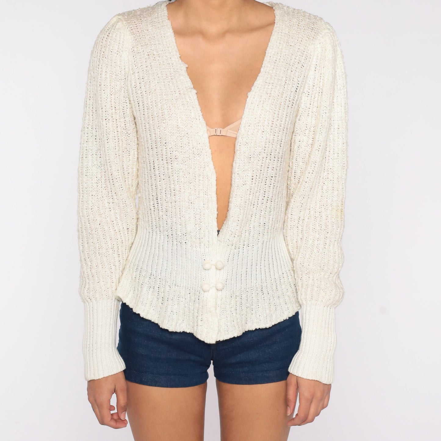80s Off-White Deep V-Neck Cardigan Double Breasted Knit Sweater Medium M