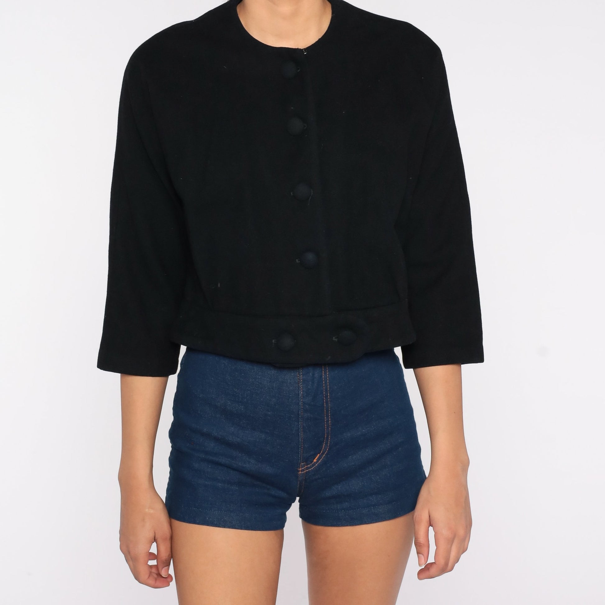 60s Black Cropped Jacket Button-Up Blazer Three-Quarter Sleeve Medium