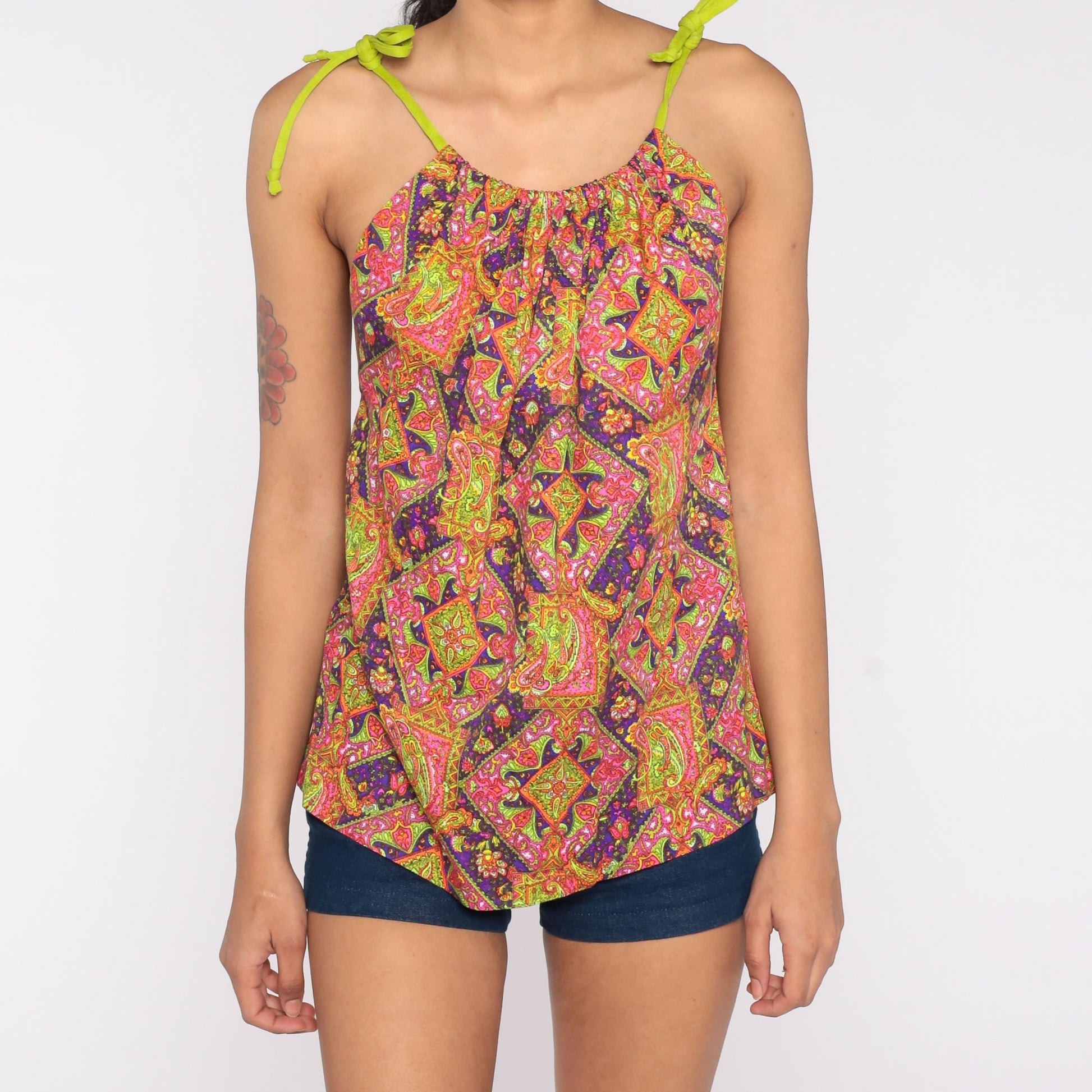 70s Psychedelic Paisley Tank Top Spaghetti Strap Geometric Print Small