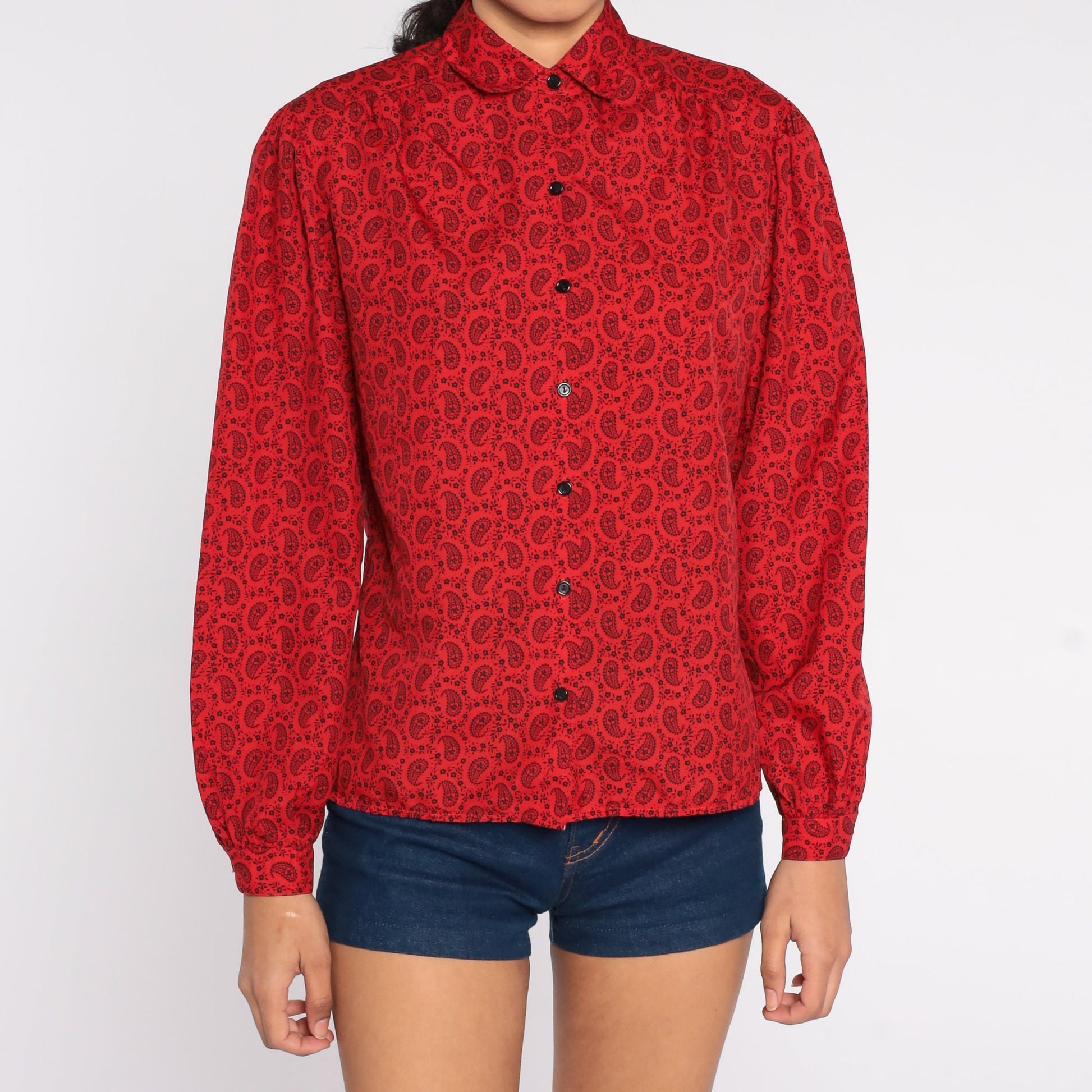 80s Red Paisley Peter Pan Collar Button-Up Blouse Puff Sleeve Medium
