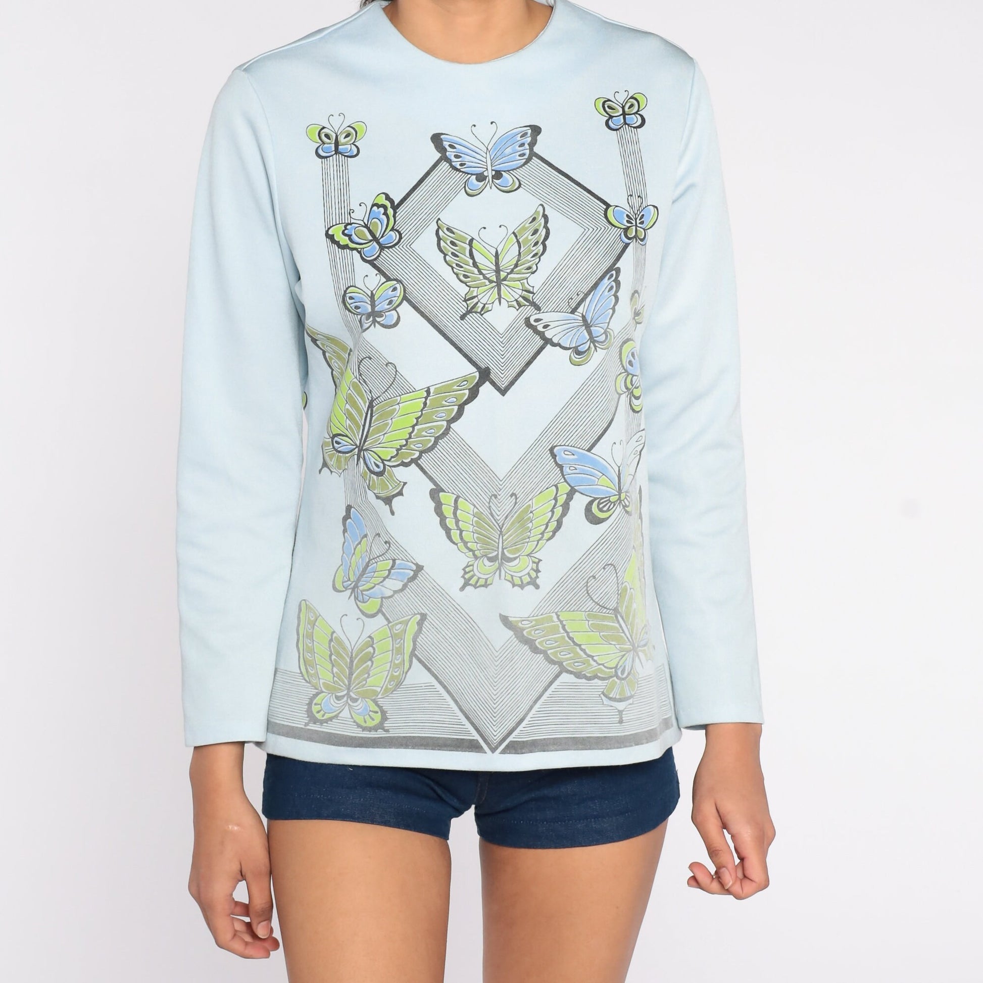 70s Butterfly Blouse Powder Blue Long Sleeve Graphic Shirt Medium