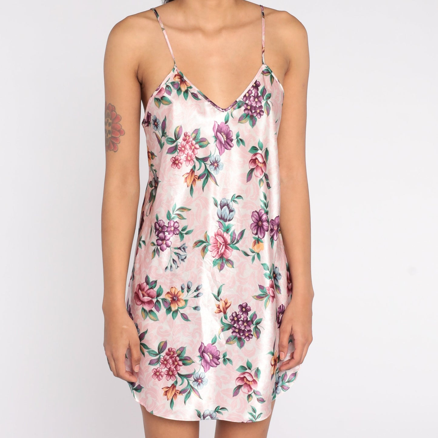 90s Pink Floral Slip Dress Spaghetti Strap Mini Nightgown Medium M