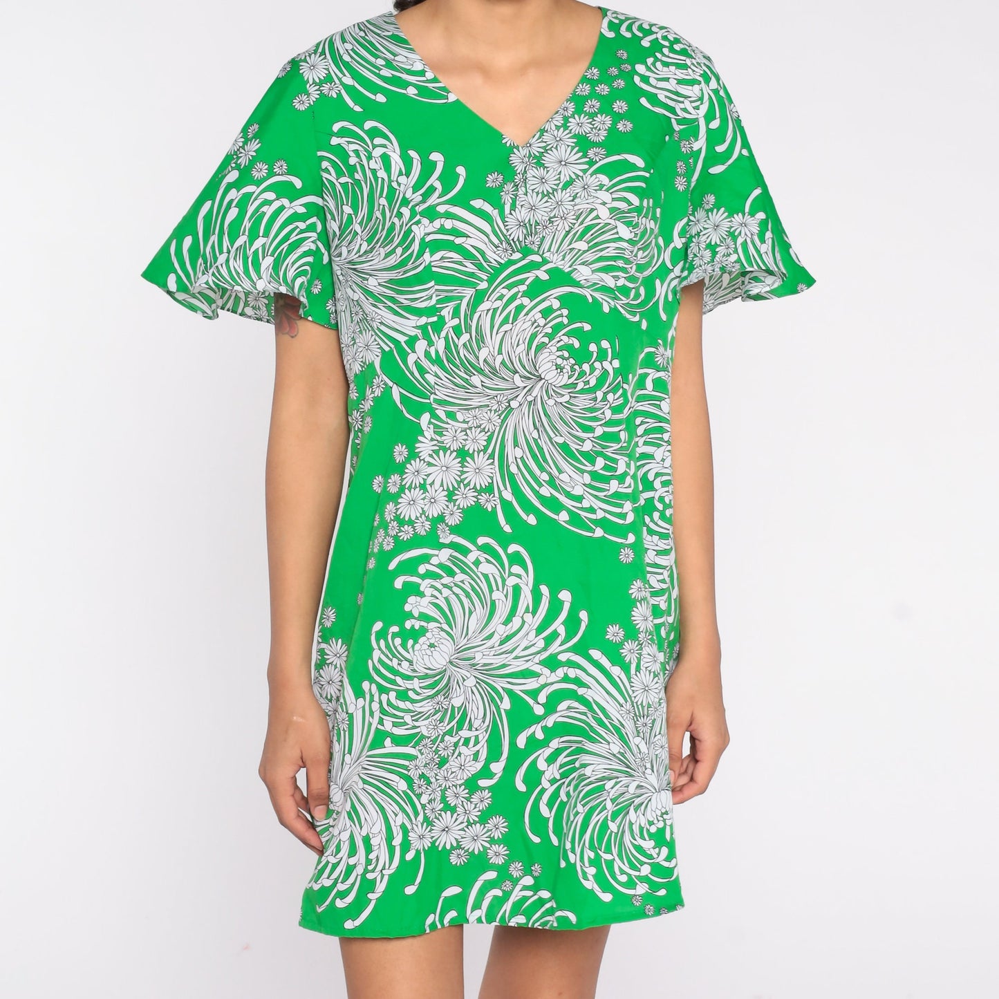 70s Green Floral Mini Dress Empire Waist Flutter Sleeve Shift Large L