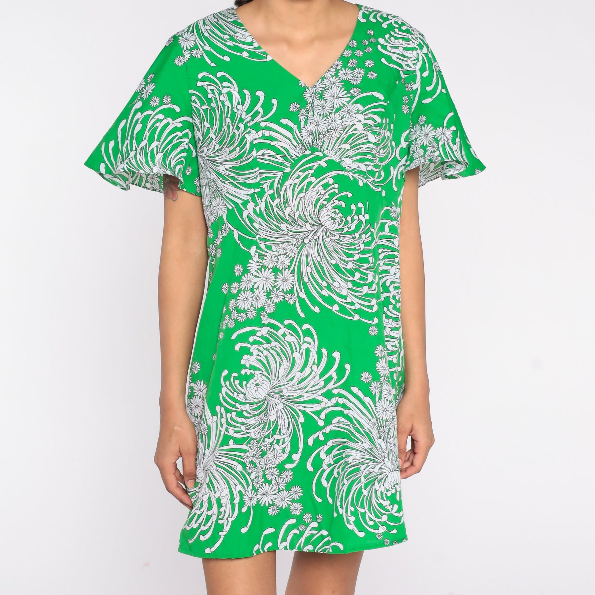 70s Green Floral Mini Dress Empire Waist Flutter Sleeve Shift Large L