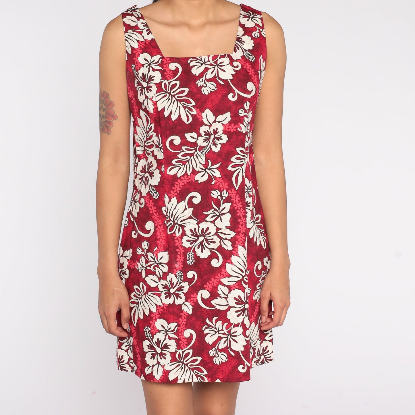 90s Hawaiian Floral Mini Dress Red Tropical Print Sleeveless Small S