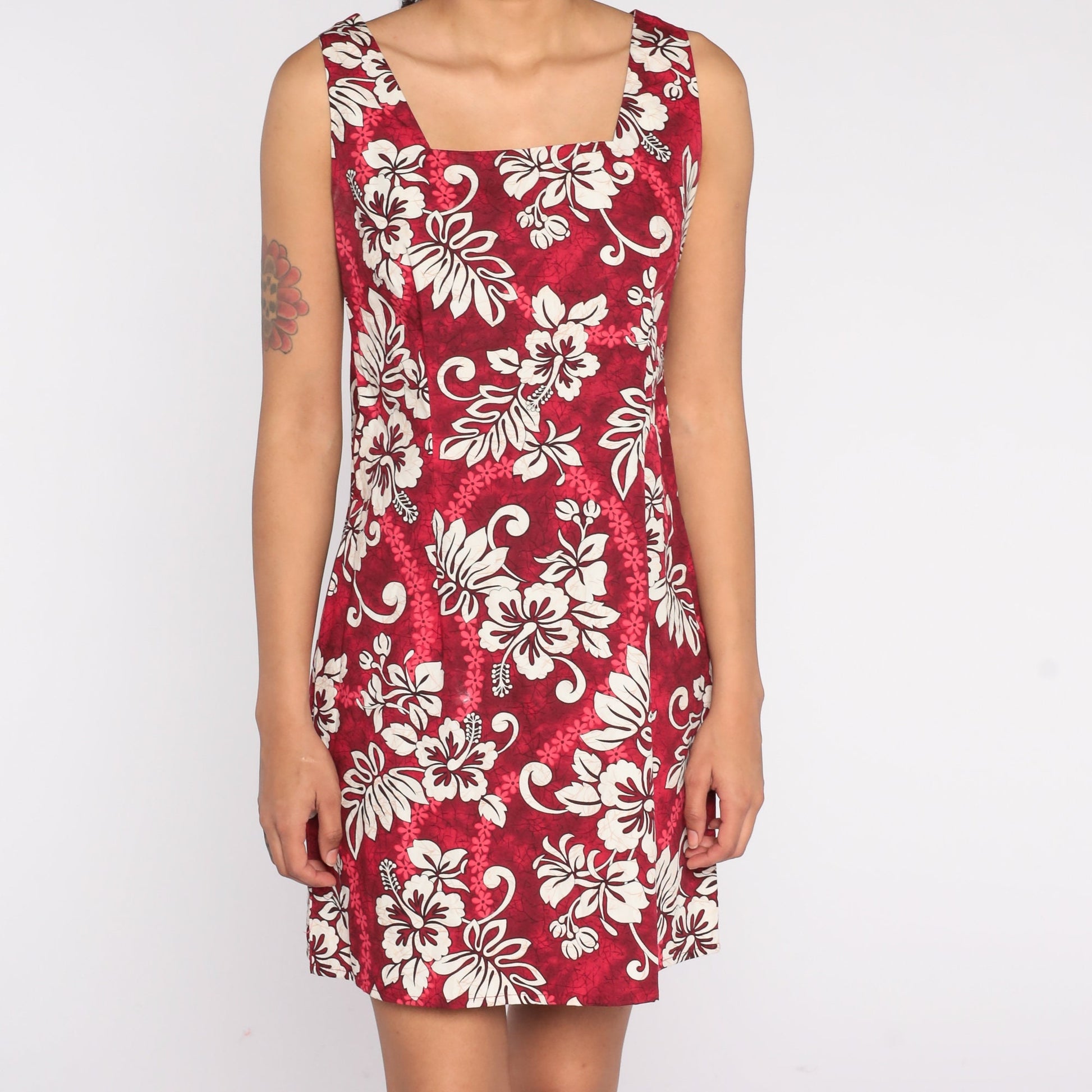 90s Hawaiian Floral Mini Dress Red Tropical Print Sleeveless Small S