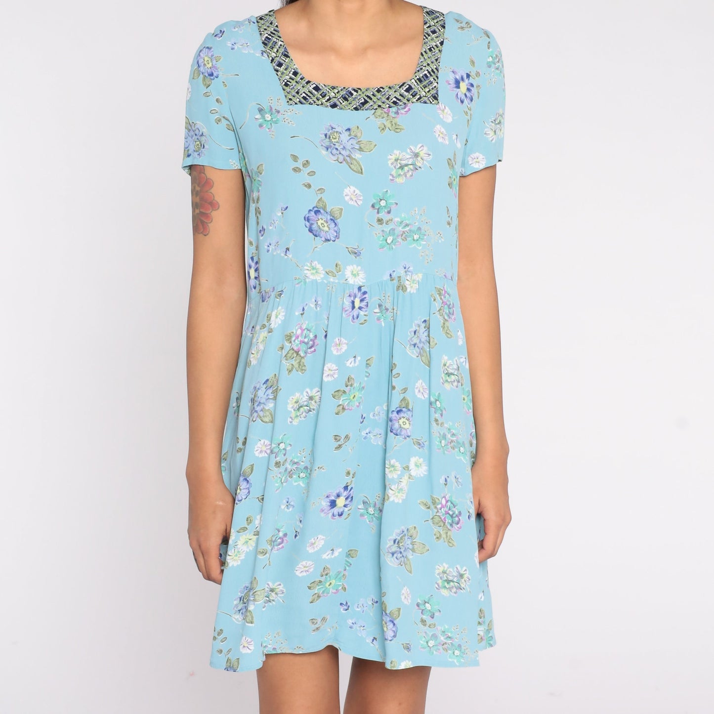 90s Baby Blue Floral Mini Dress Square Neck Short Sleeve Small
