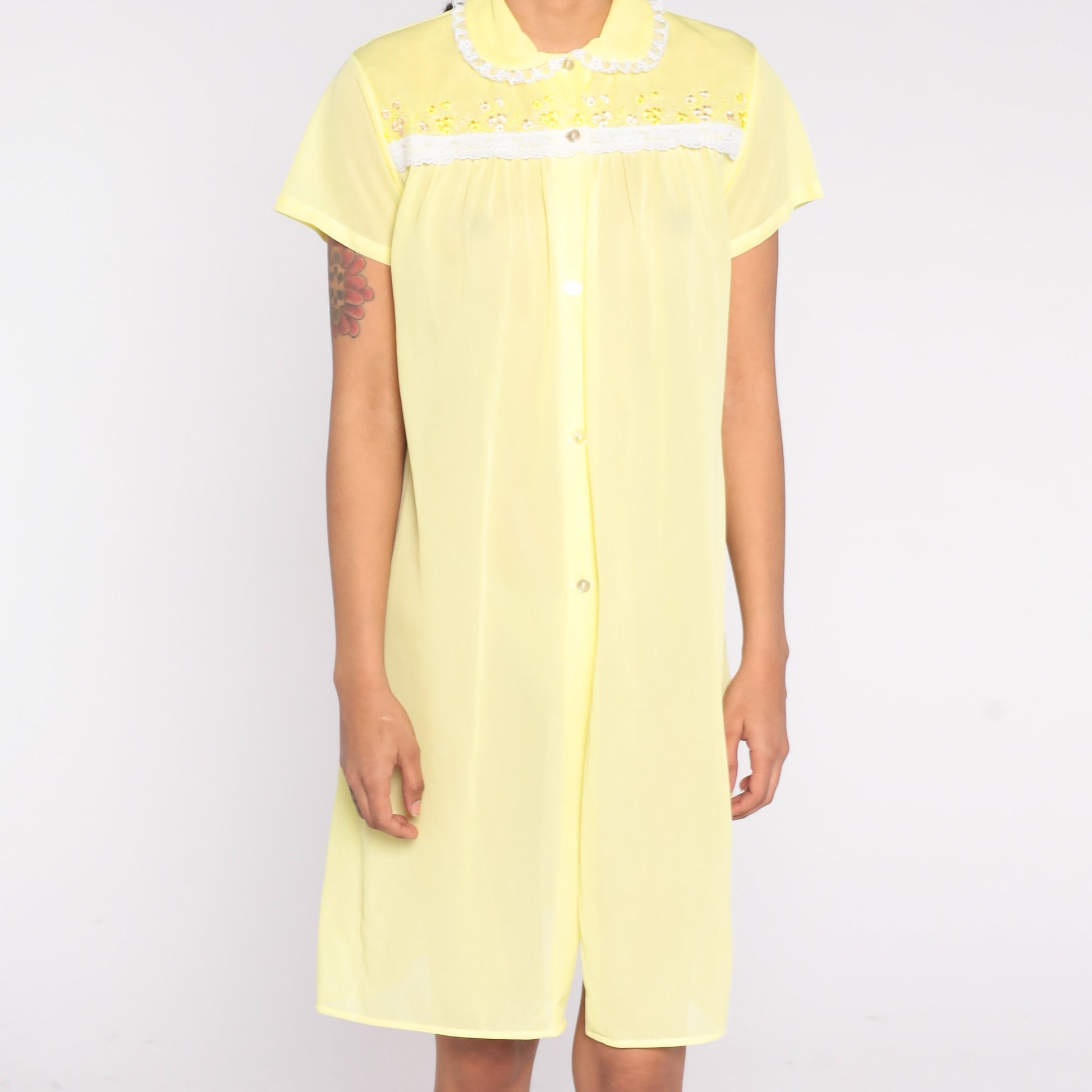 70s Yellow Semi Sheer Lounge Dress Floral Embroidery Mini Short Sleeve Medium