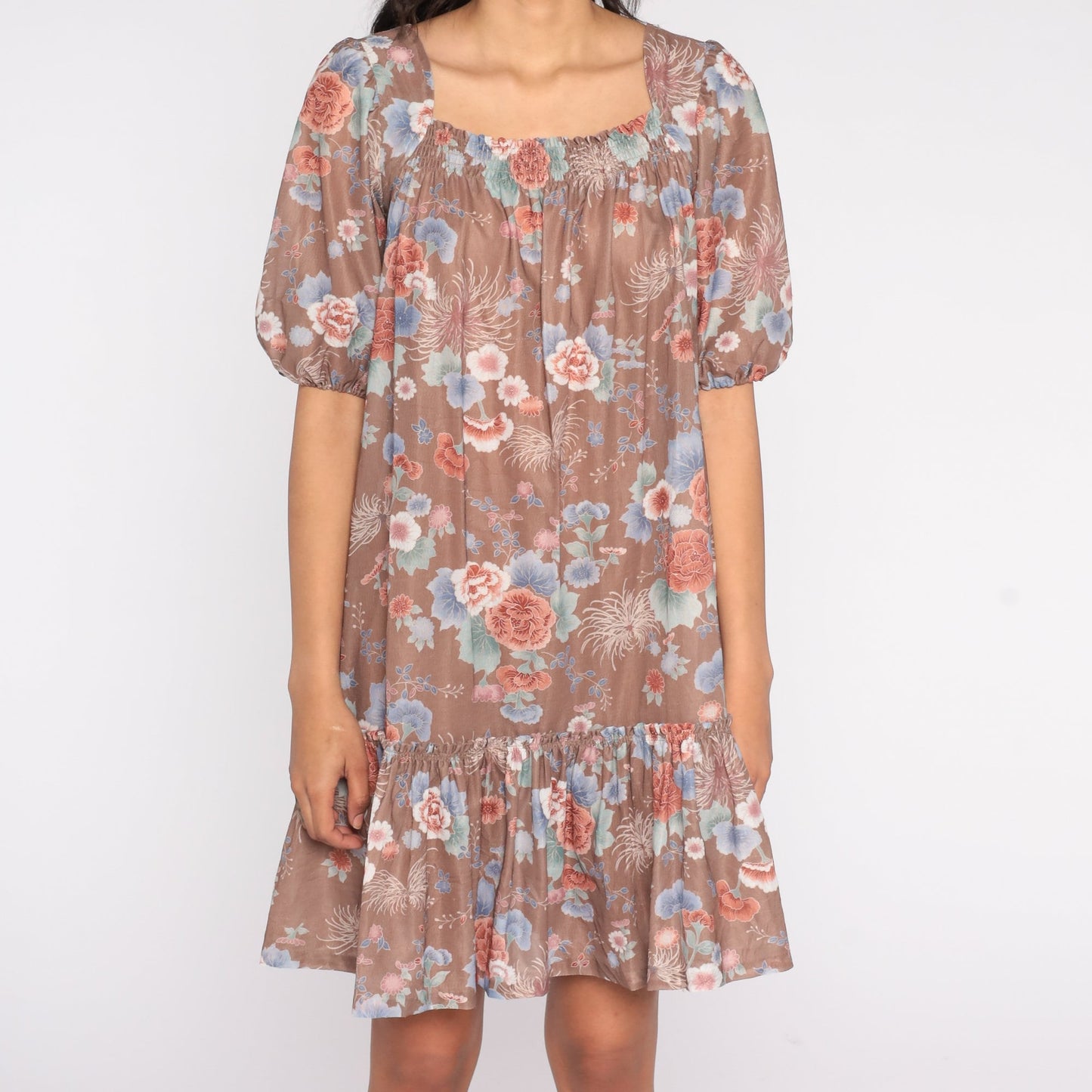 70s Floral Tent Dress Knee Length Ruffle Peasant Sleeve Small Medium