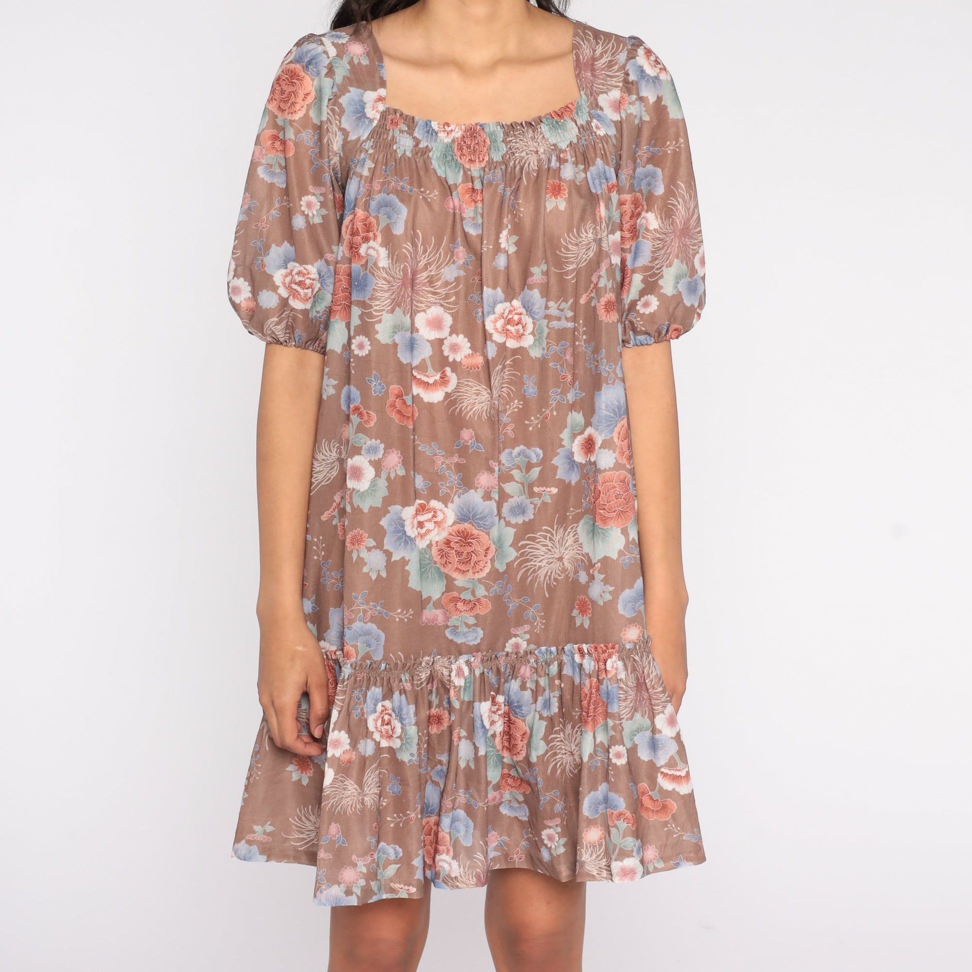 70s Floral Tent Dress Knee Length Ruffle Peasant Sleeve Small Medium