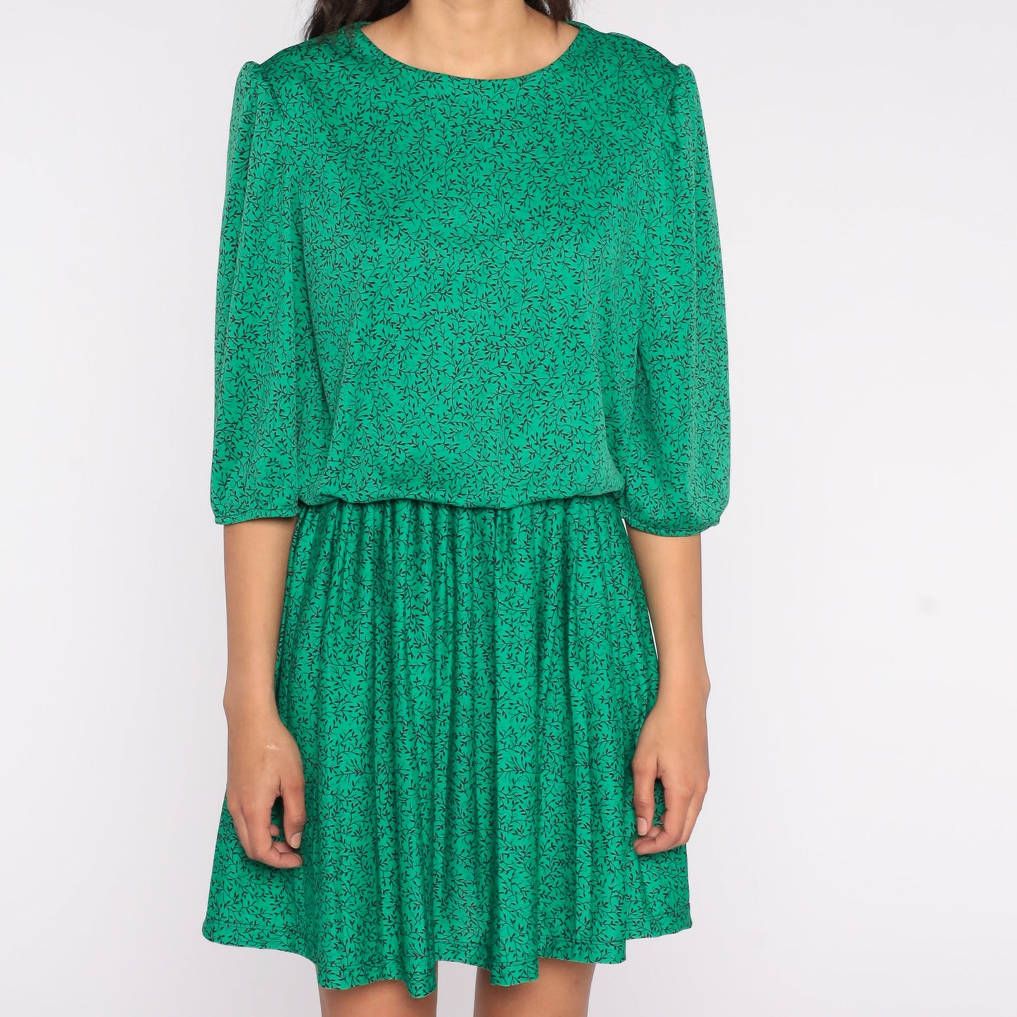 80s Green Vine Print Mini Dress Puff Sleeve High Waist Blouson Medium