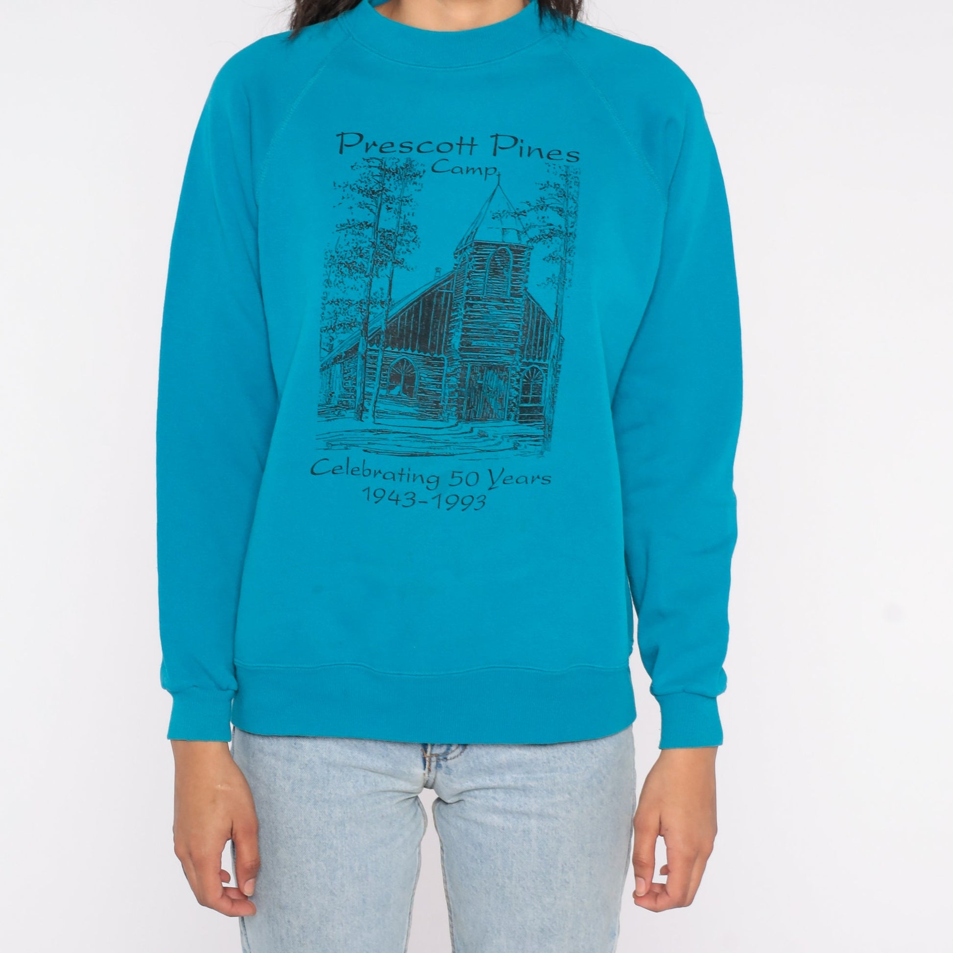 90s Prescott Pines Camp Arizona Raglan Sweatshirt Blue Graphic Crewneck Medium