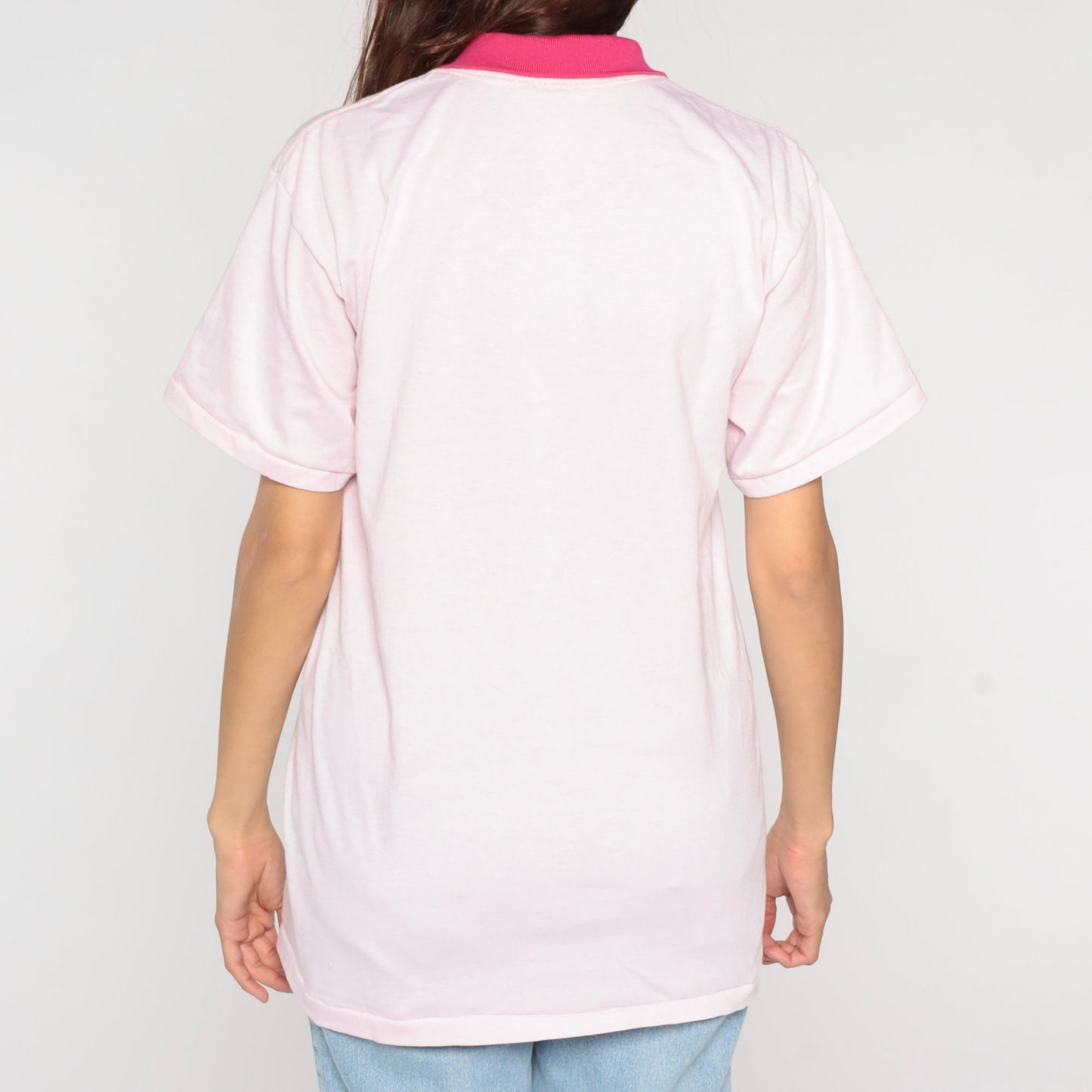 90s Heart Print Collared T-Shirt Baby Pink Graphic Tee Medium