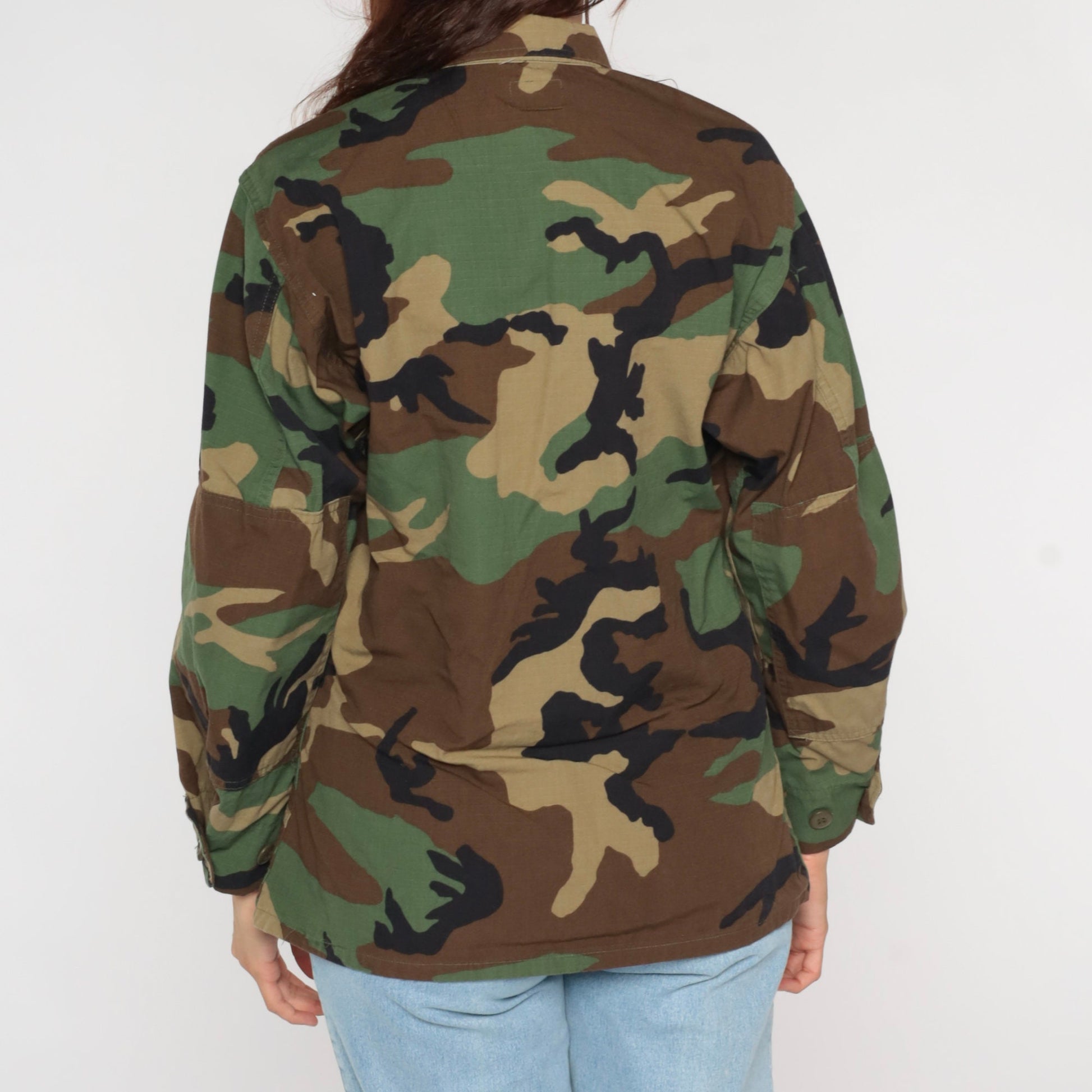 90s US Army Camouflage Button-Up Shirt Green Cargo Pockets Small