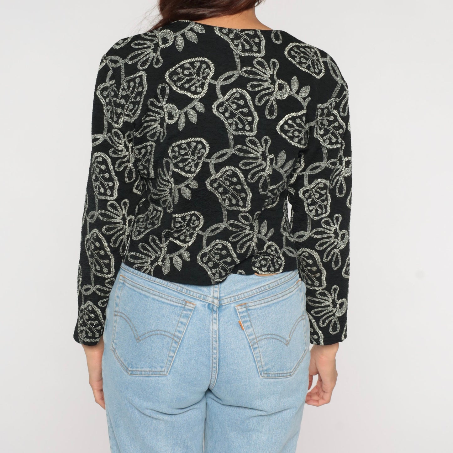 90s Black Leaf Print Button-Up Blouse Long Sleeve Abstract Shirt Medium