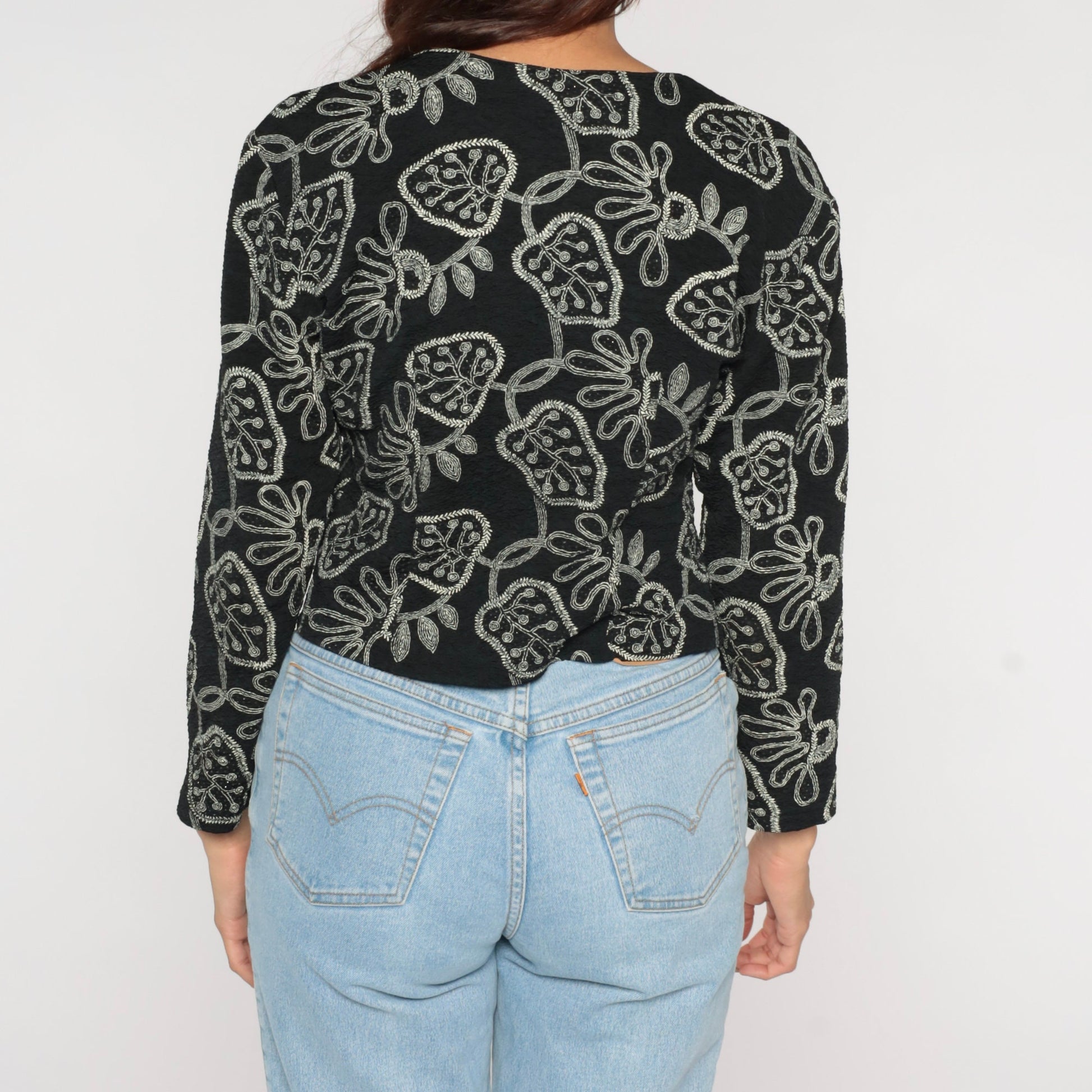 90s Black Leaf Print Button-Up Blouse Long Sleeve Abstract Shirt Medium
