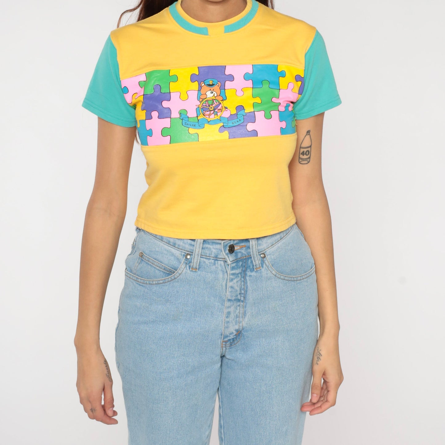 Y2K Sailor Bear Puzzle Graphic Crop Top Yellow Cotton Baby Tee Extra Small XS