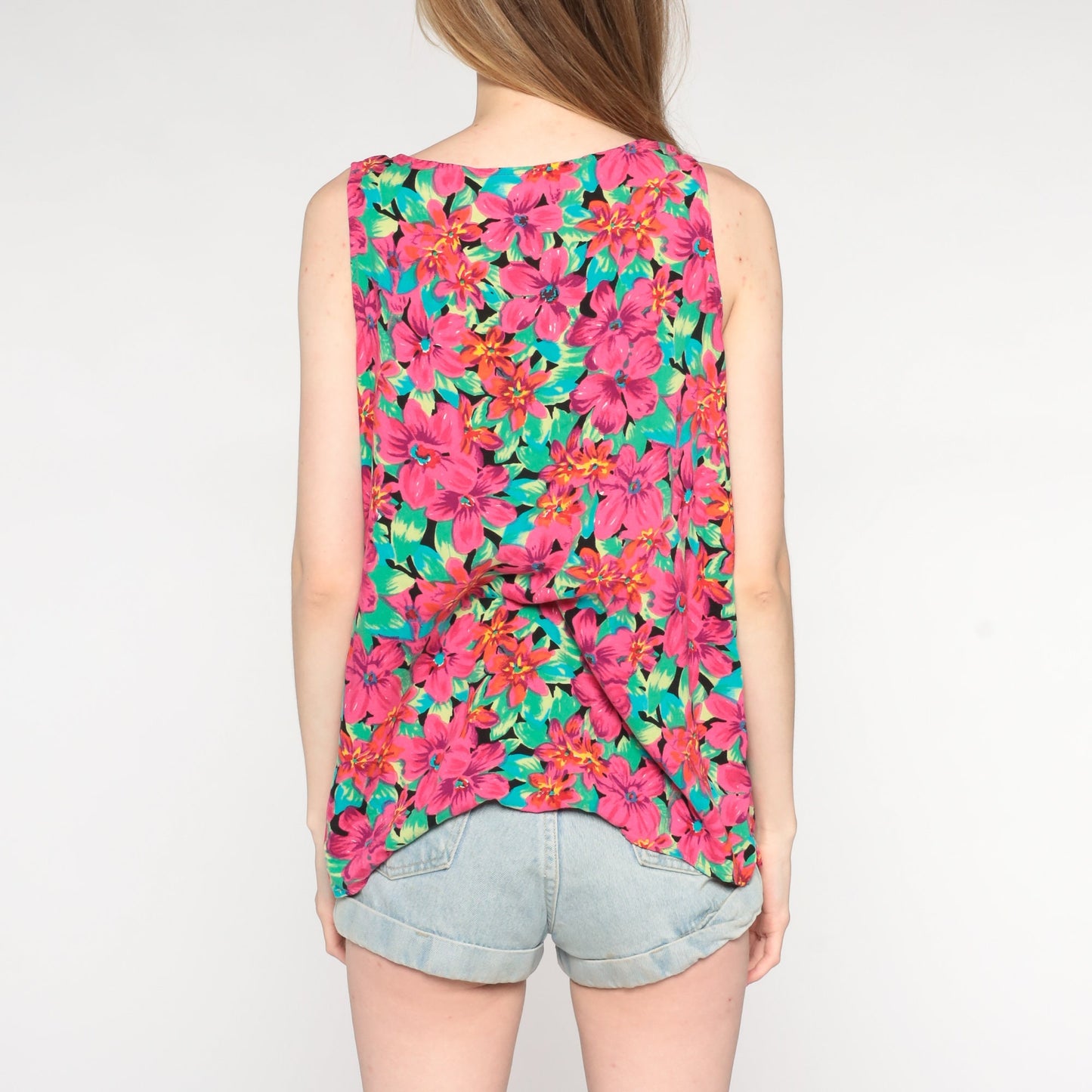 90s Floral Rayon Tank Top Tropical Print Pink Green Large
