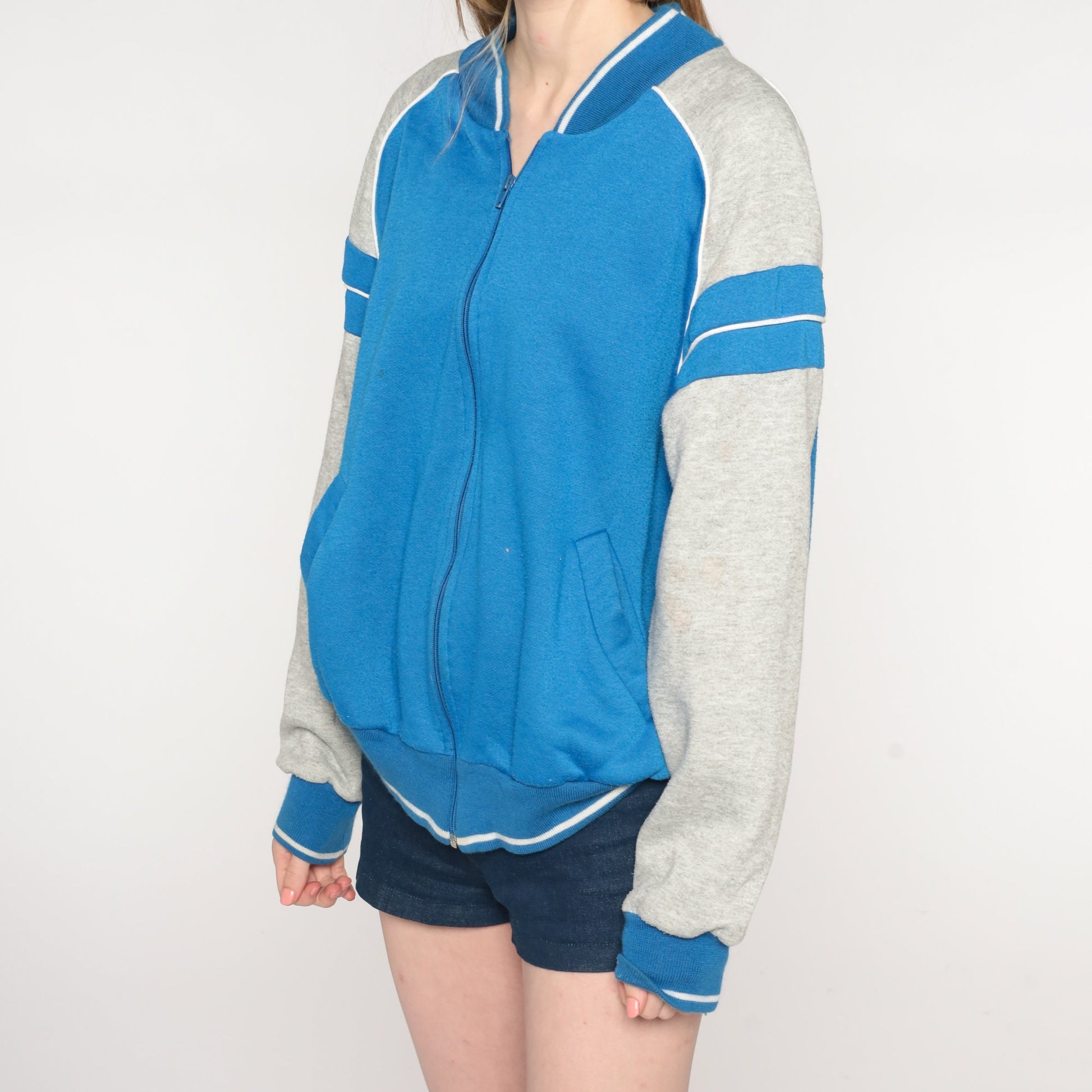 80s Blue Grey Striped Track Jacket Raglan Zip Warmup Medium
