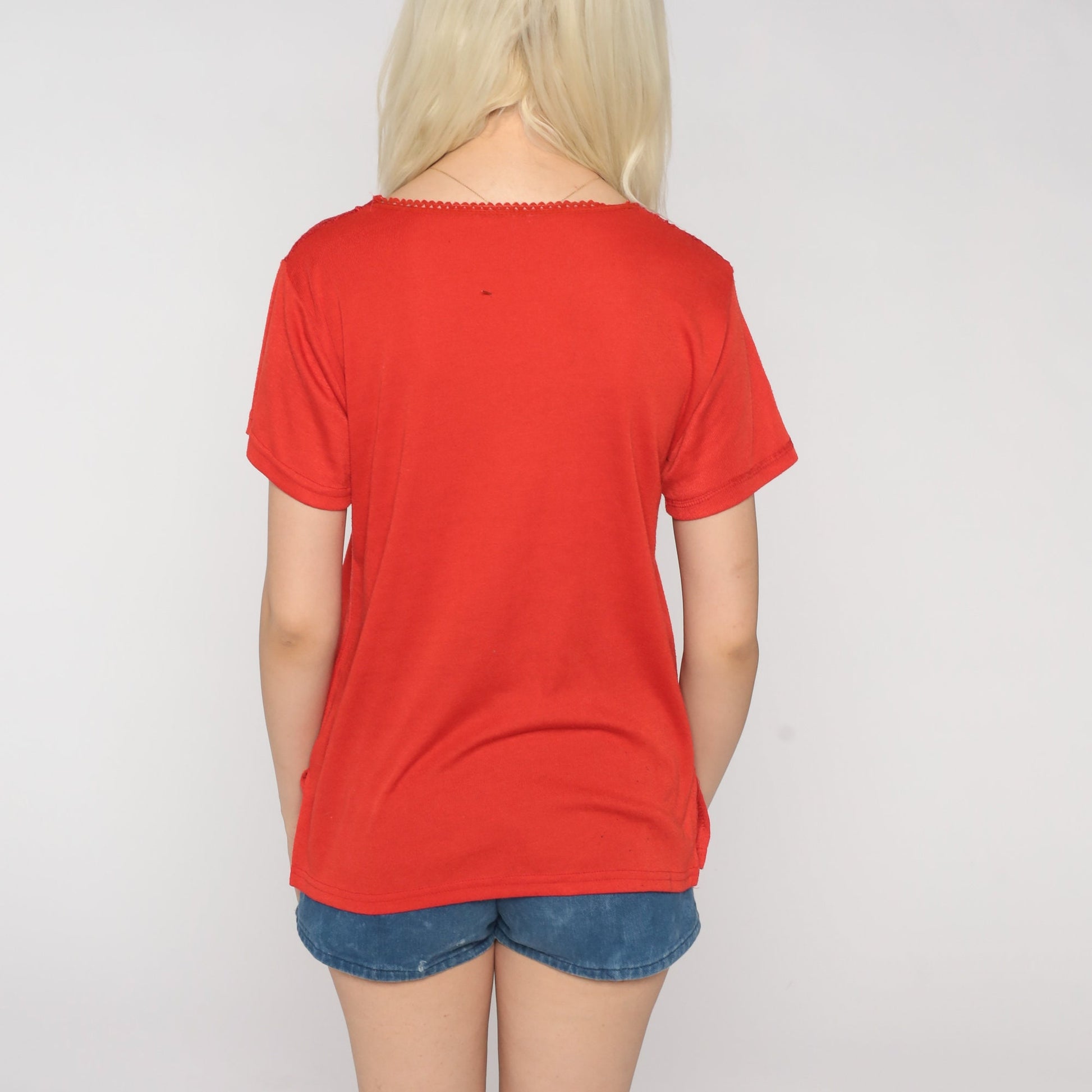 90s Red Crochet Trim Short Sleeve Blouse Cotton Medium M