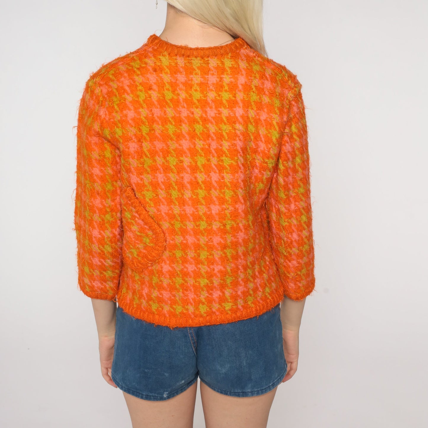 60s Orange Houndstooth Wool Blazer Three-Quarter Sleeve Jacket Extra Small
