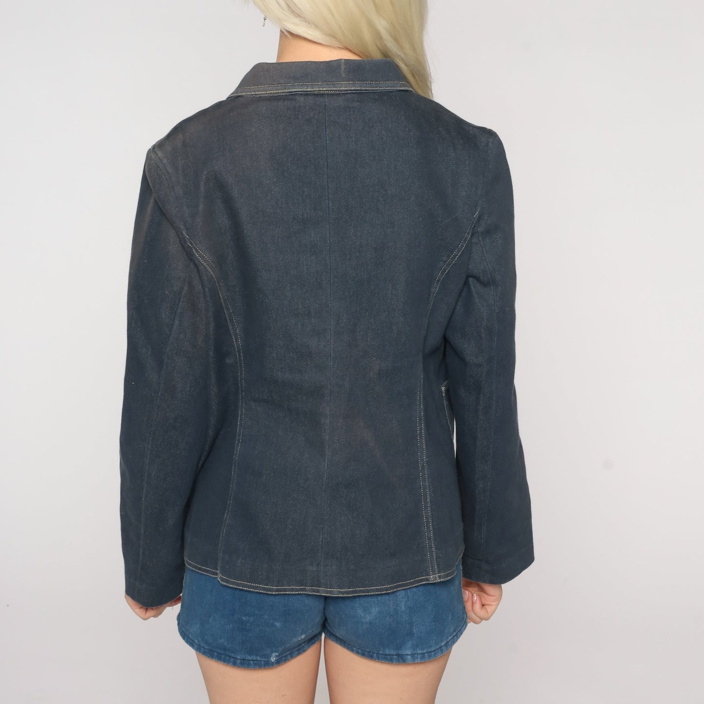 90s Blue Stretch Denim Blazer Jacket Collared Button-Up Large