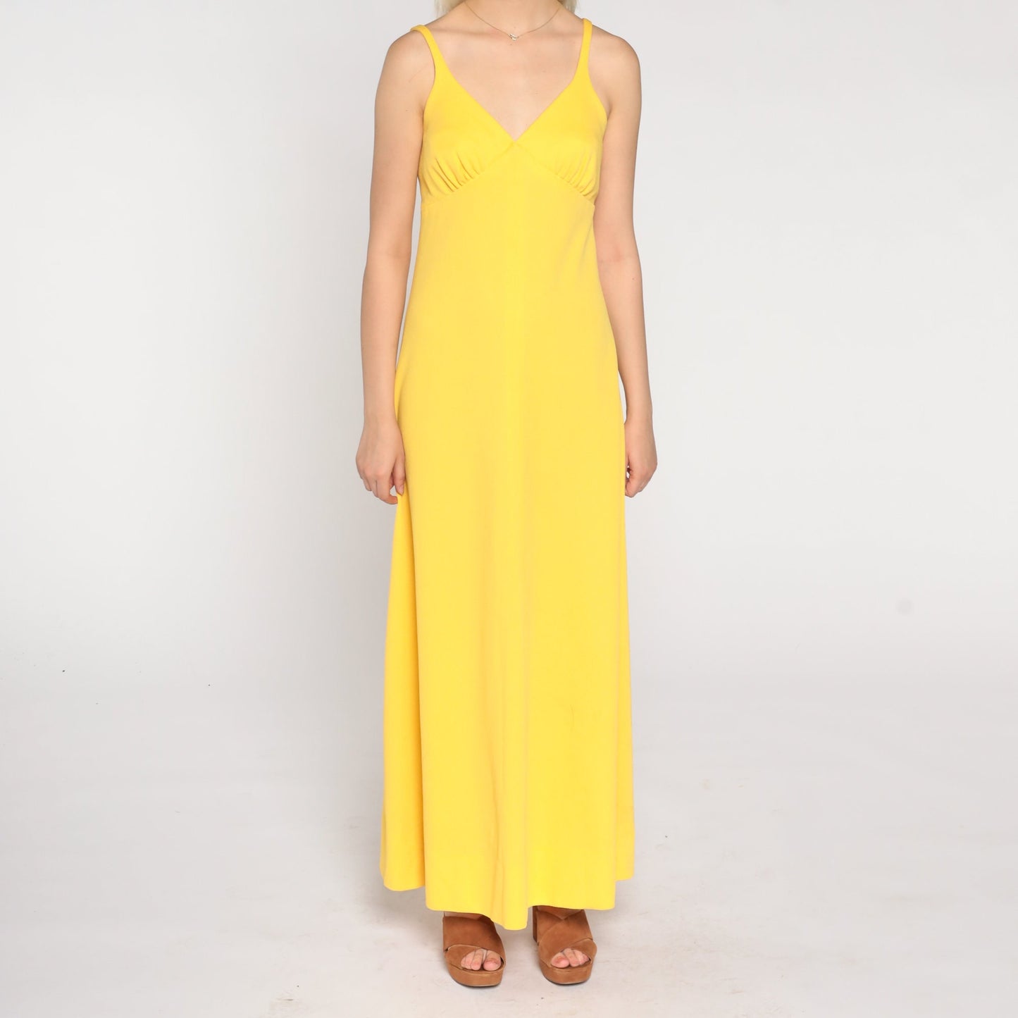 70s Yellow Maxi Dress Empire Waist Sleeveless A-Line Medium