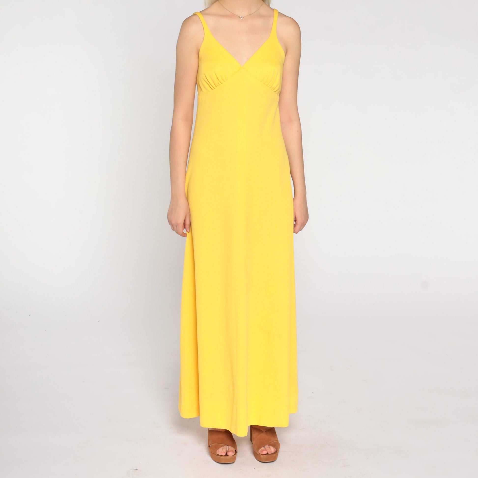 70s Yellow Maxi Dress Empire Waist Sleeveless A-Line Medium