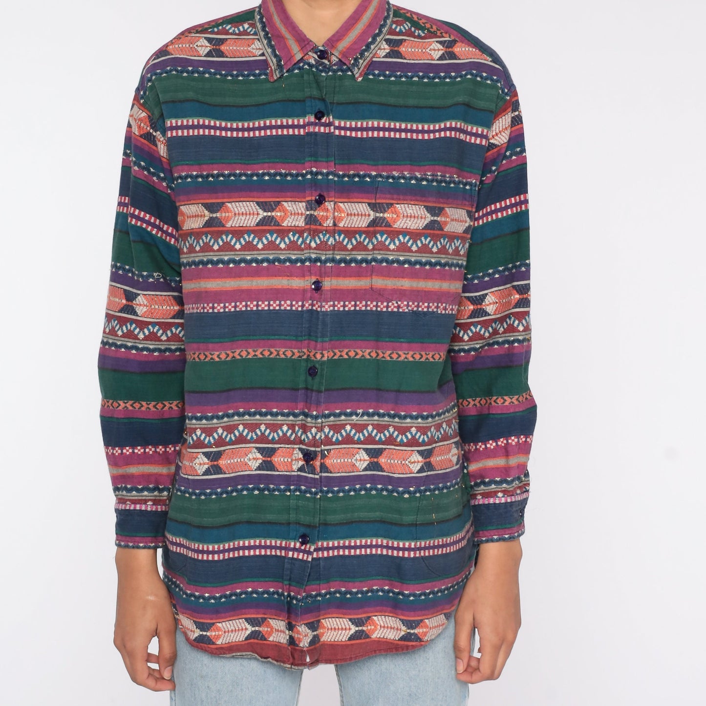 90s Striped Metallic Button-Up Shirt Geometric Print Long Sleeve Small S
