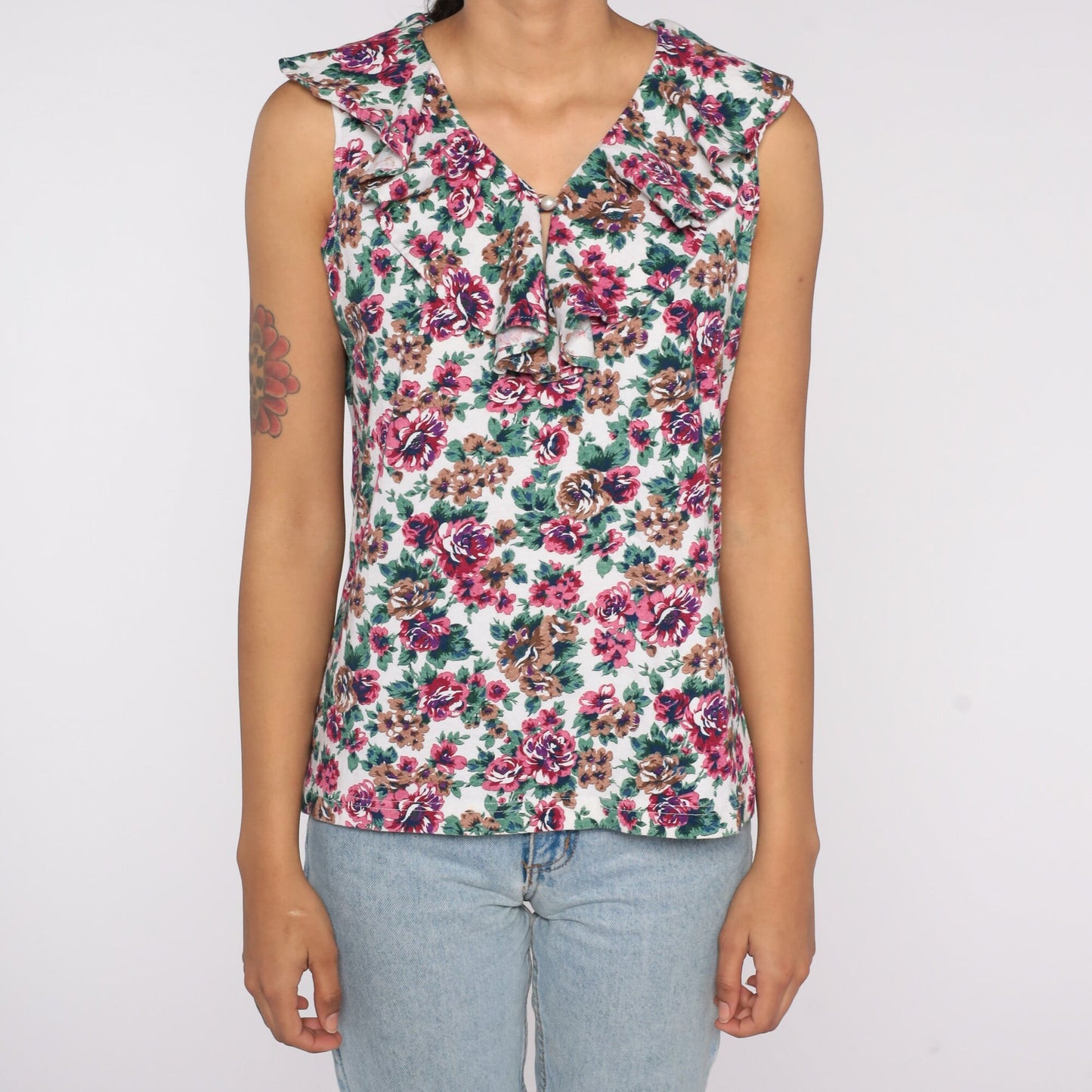 90s Floral Tank Top Ruffled Keyhole Sleeveless Blouse Medium M