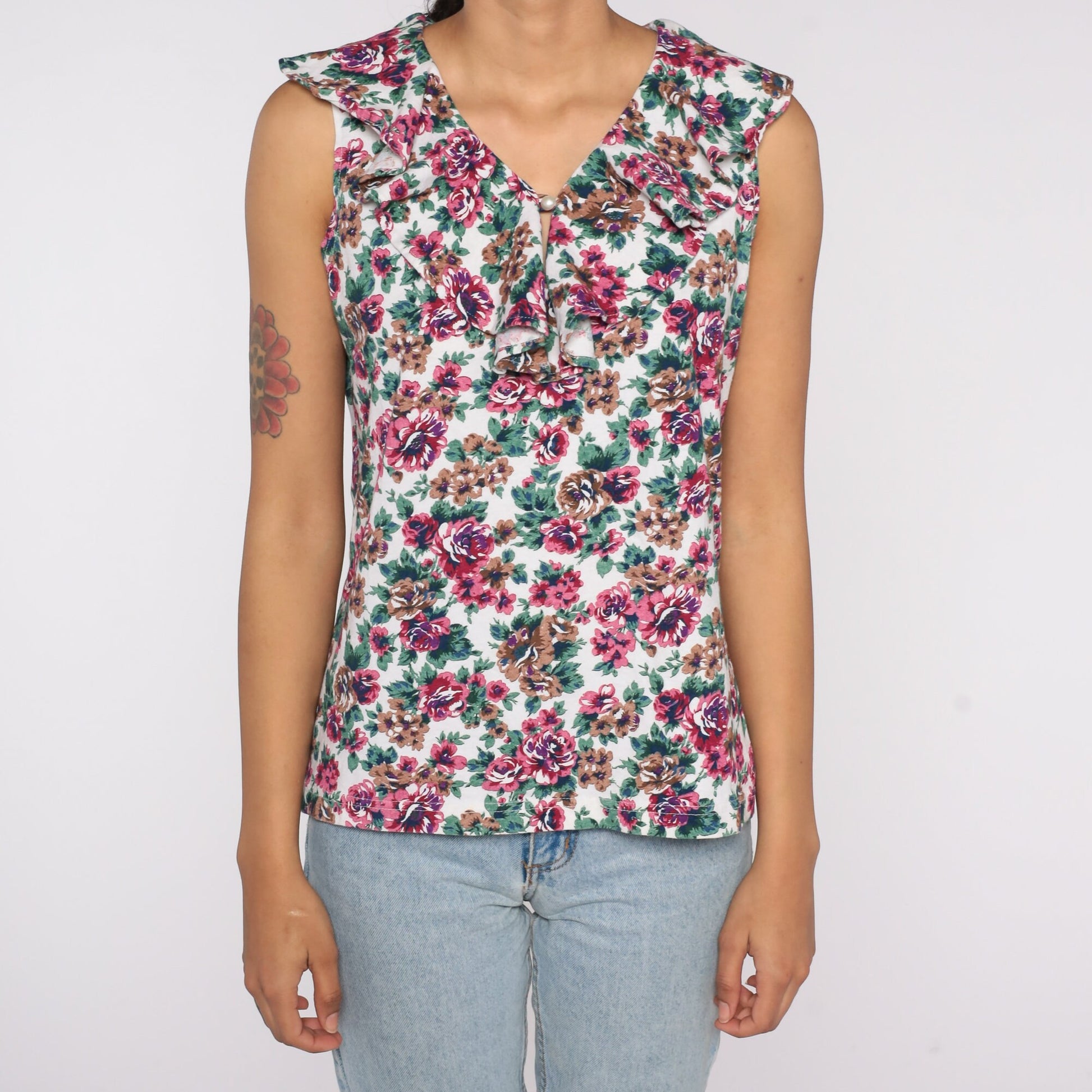 90s Floral Tank Top Ruffled Keyhole Sleeveless Blouse Medium M