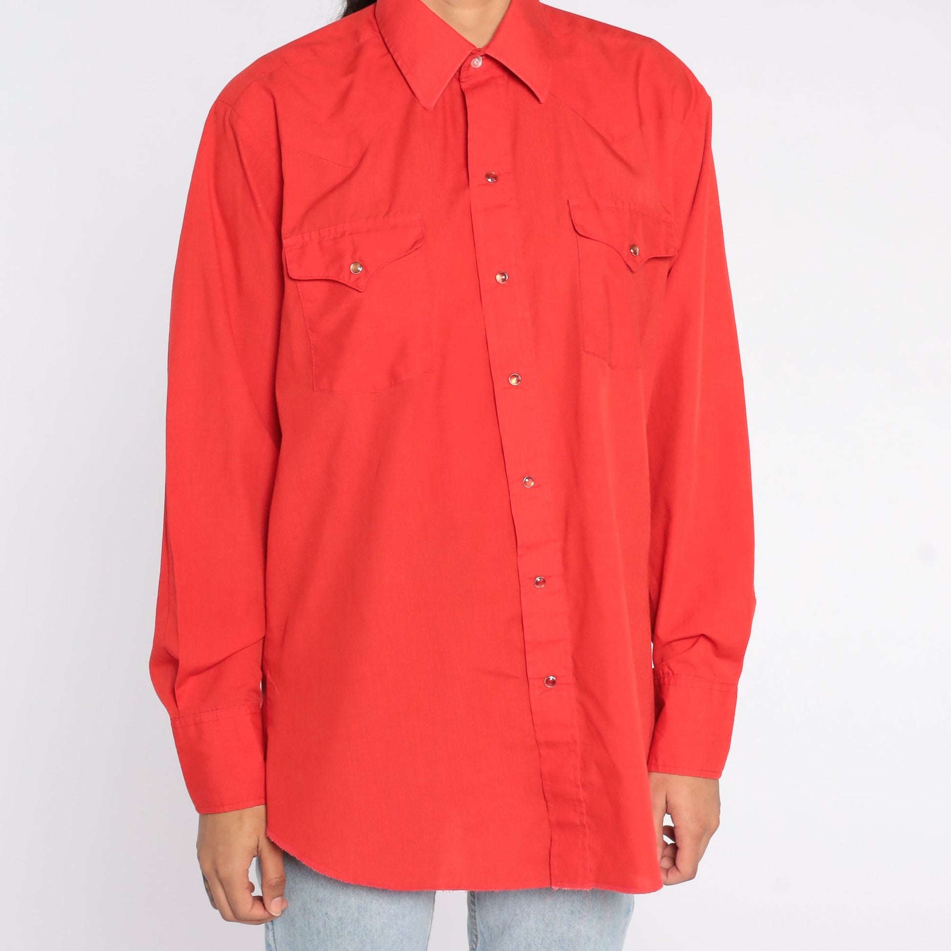 80s Panhandle Slim Western Shirt Red Pearl Snap Long Sleeve Men's Large