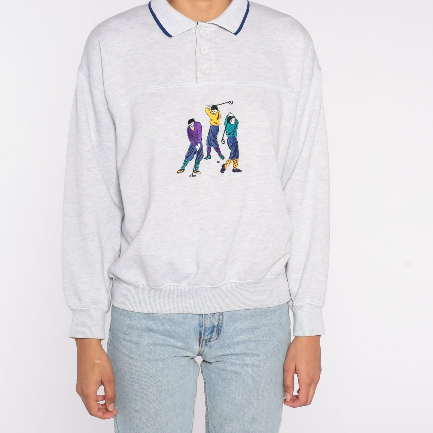 80s Embroidered Golfer Sweatshirt Heather Grey Henley Button Pullover Small