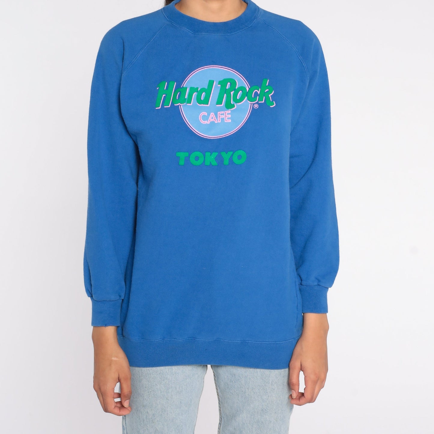 90s Hard Rock Cafe Tokyo Japan Raglan Sweatshirt Blue Graphic Pullover Extra Large