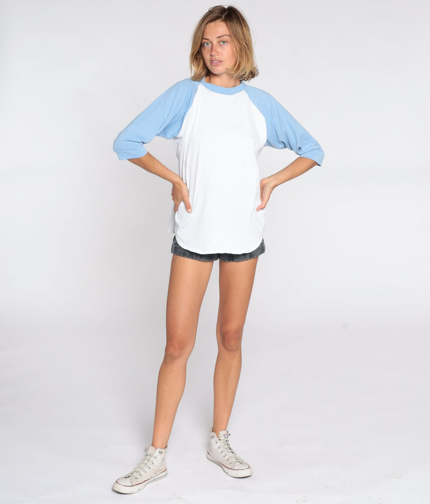 80s USS Independence CV-62 Navy Baseball Tee Baby Blue Graphic Large