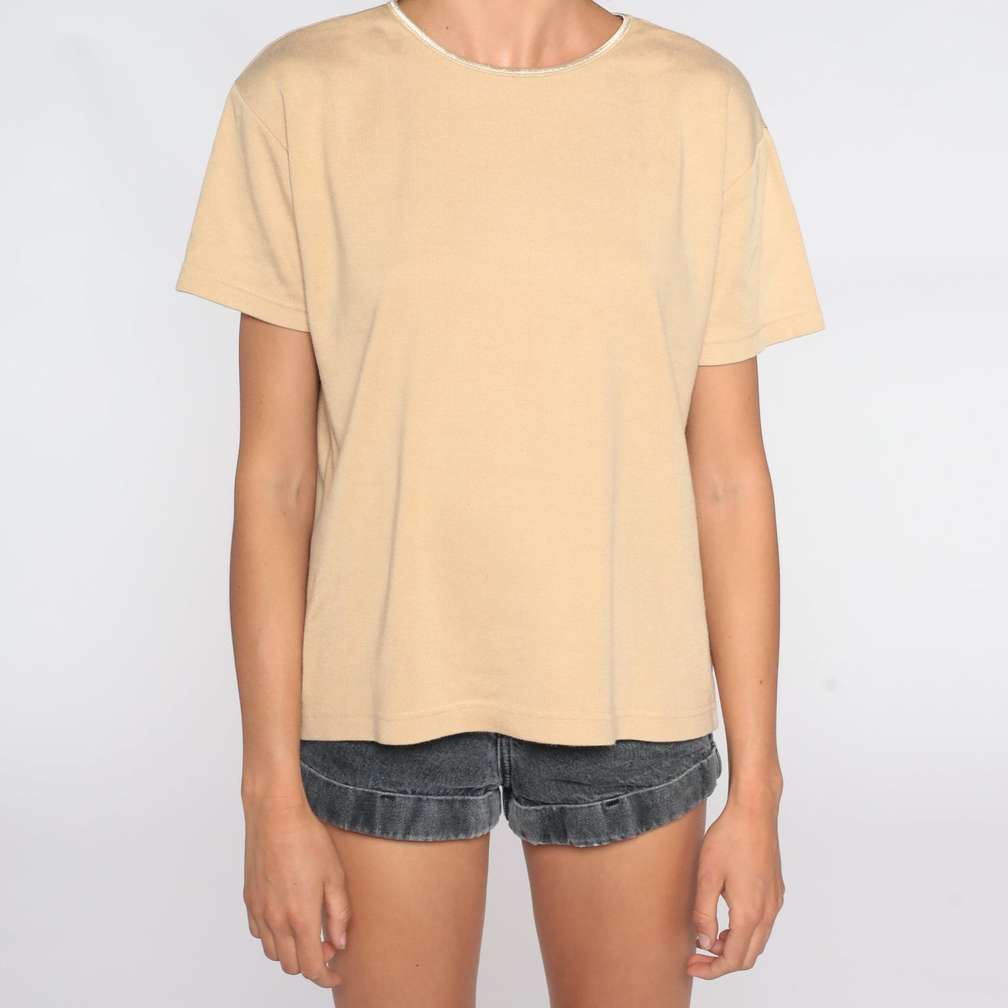 90s Tan T-Shirt Metallic Gold Trim Rib Knit Short Sleeve Medium