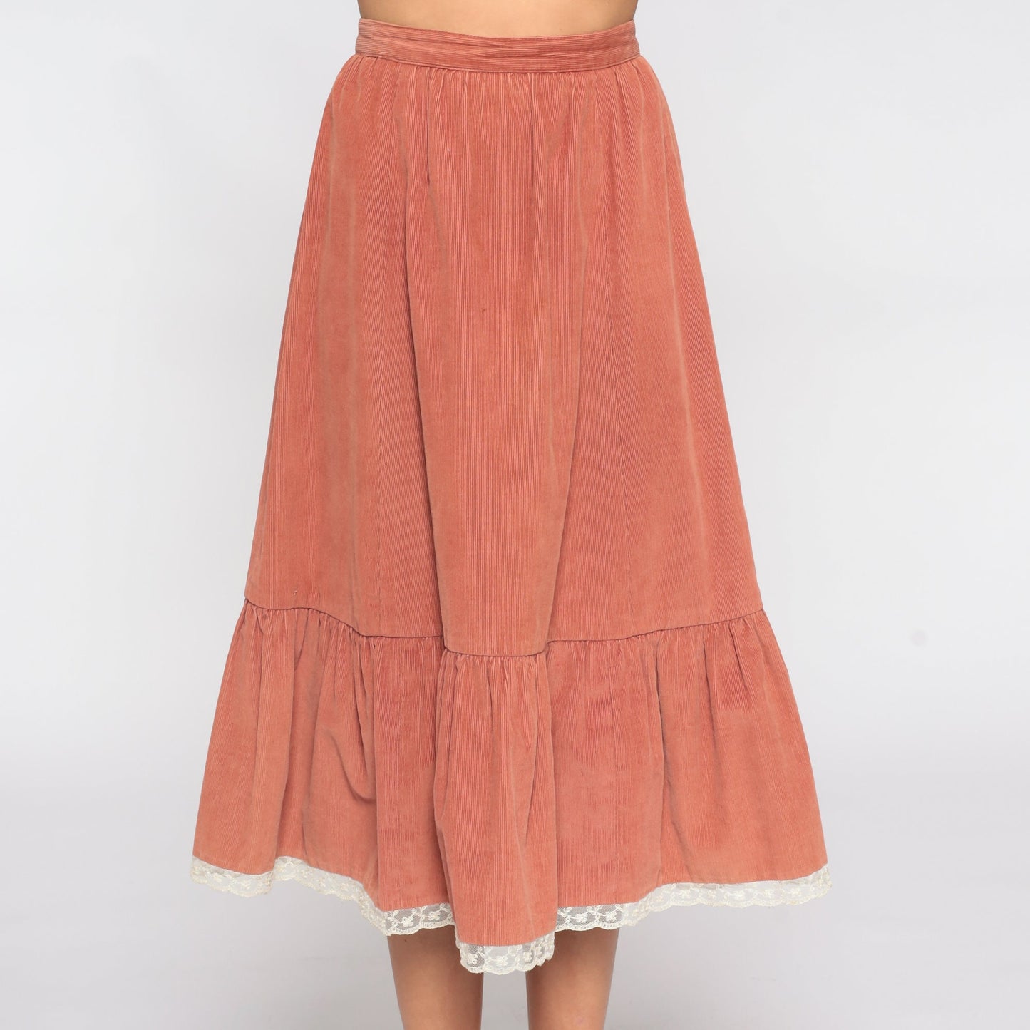 80s Corduroy Two Piece Set Brown Midi Skirt Puff Sleeve Blouse Small