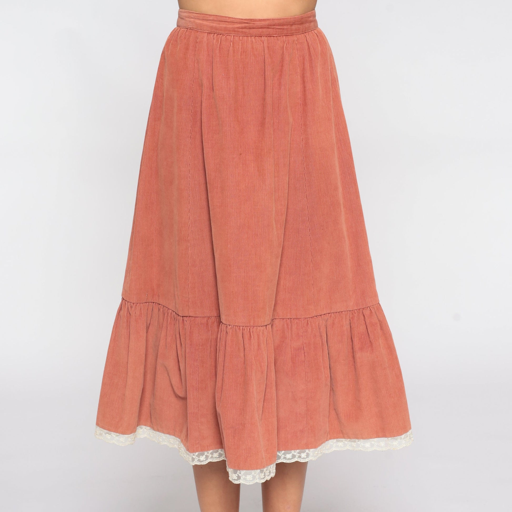 80s Corduroy Two Piece Set Brown Midi Skirt Puff Sleeve Blouse Small
