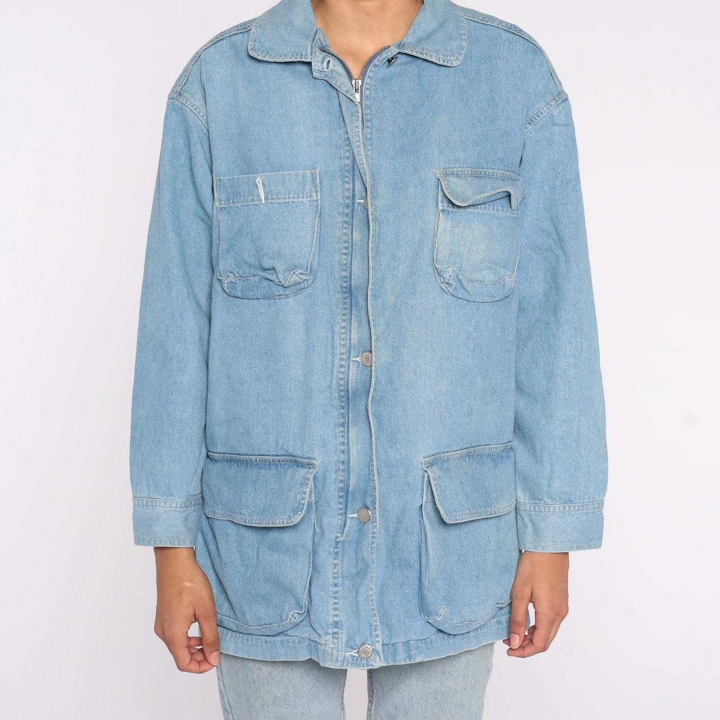 90s Light Wash Denim Cargo Jacket Blue Jean Collared Zip Small