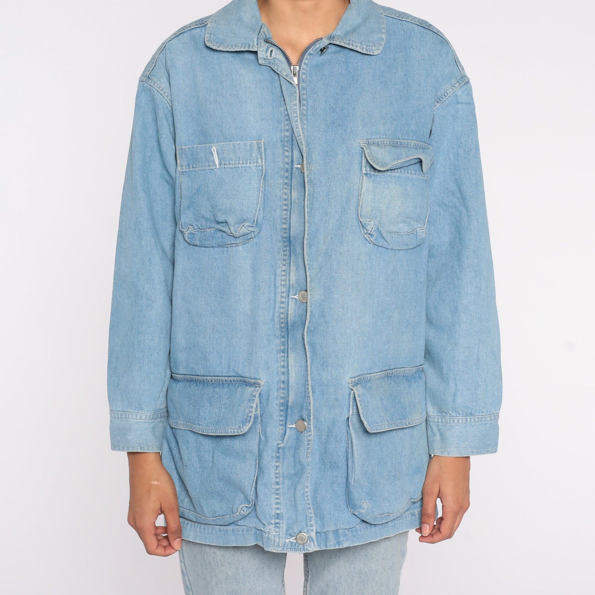 90s Light Wash Denim Cargo Jacket Blue Jean Collared Zip Small