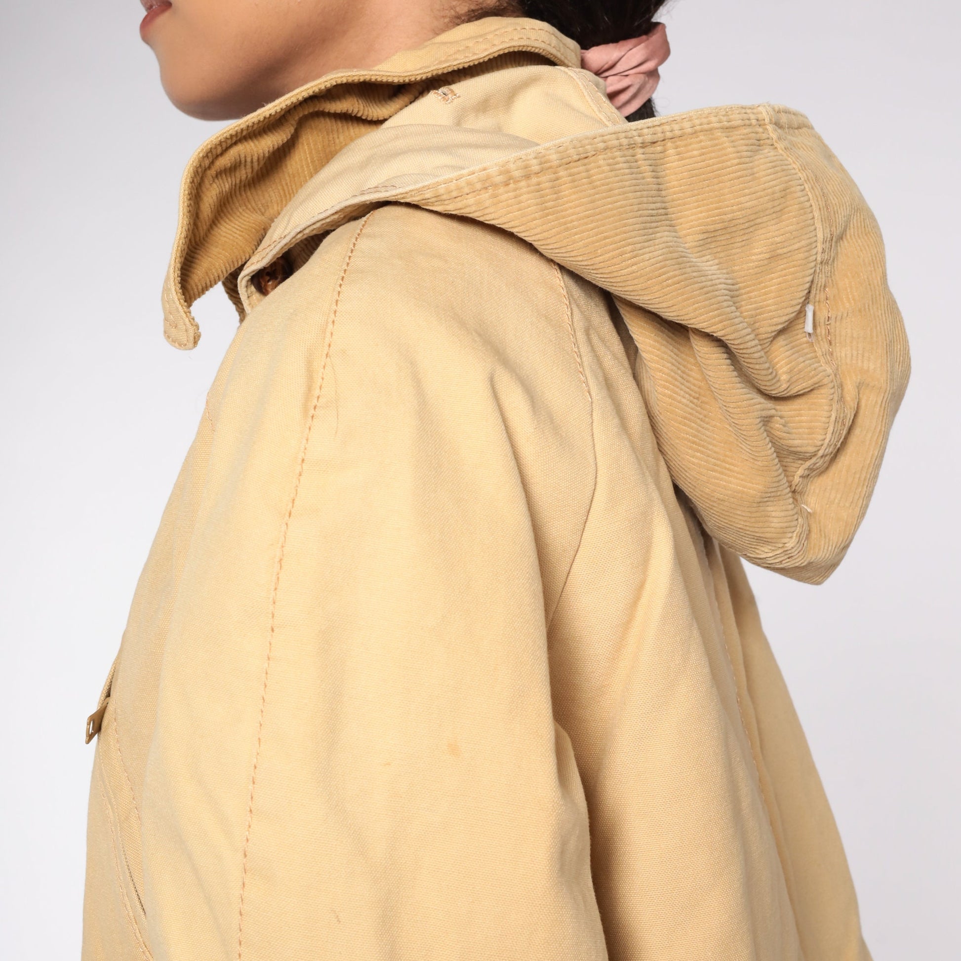 70s Tan Hooded Winter Jacket Removable Corduroy Hood Lined Parka Large