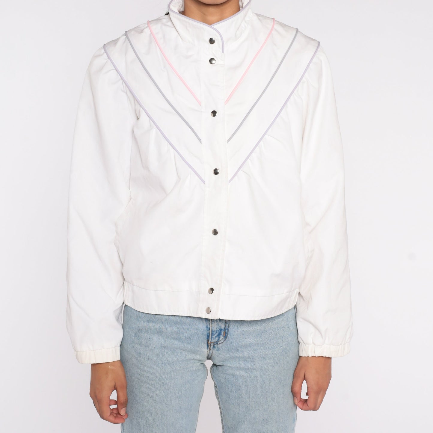 80s White Windbreaker Jacket Pastel Striped Snap-Up Small