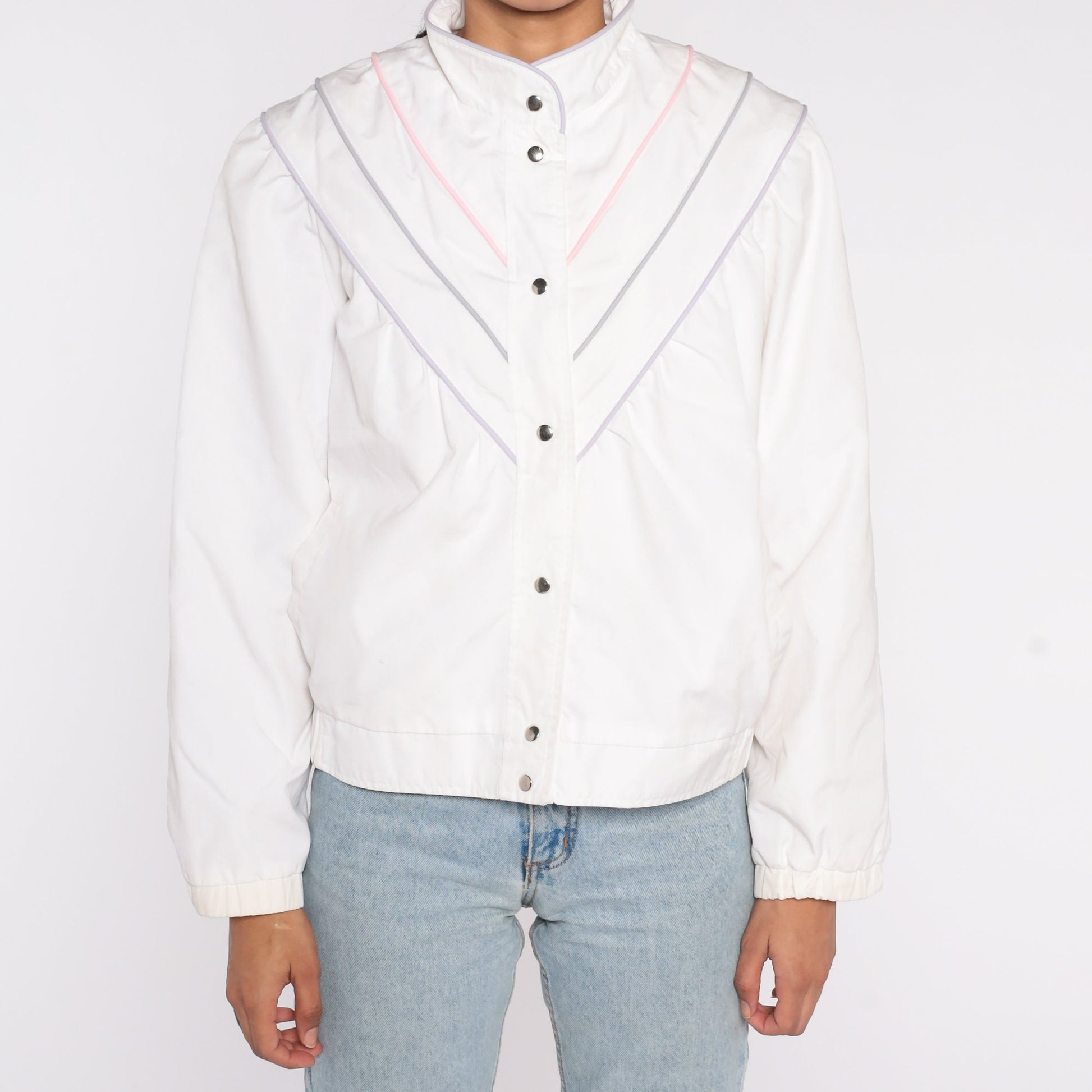 80s White Windbreaker Jacket Pastel Striped Snap-Up Small