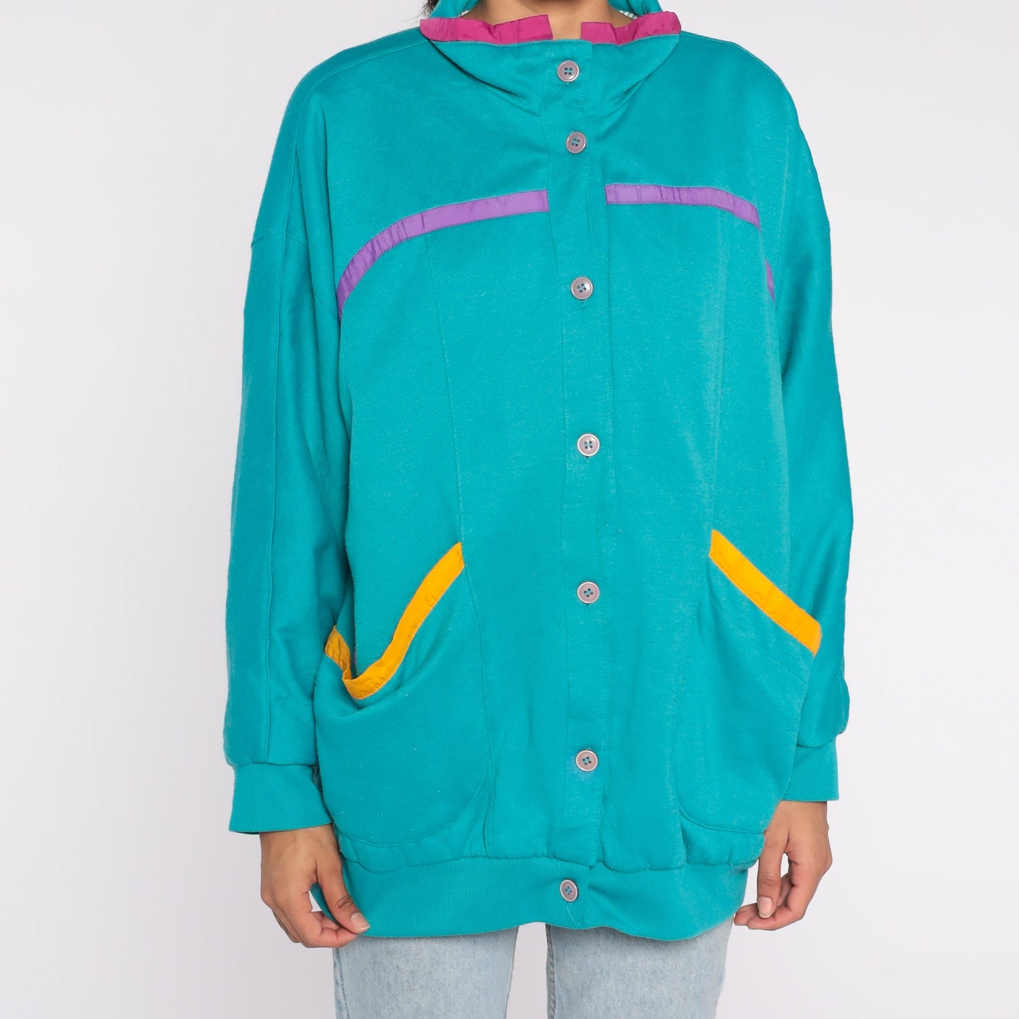 80s Teal Button-Up Sweatshirt Jacket Purple Yellow Pink Trim One Size