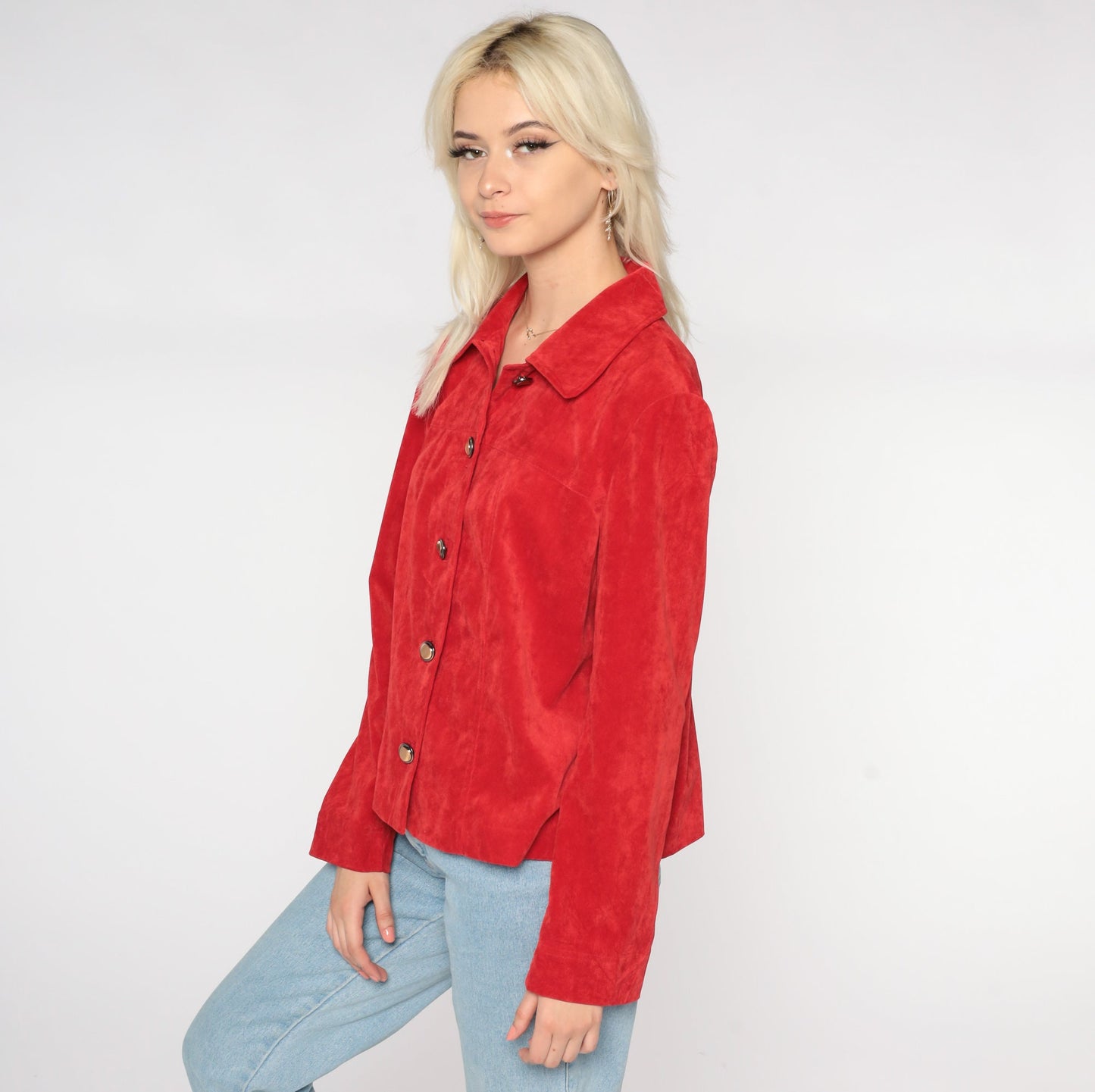 90s Red Button-Up Jacket Collared Lightweight Preppy Medium M