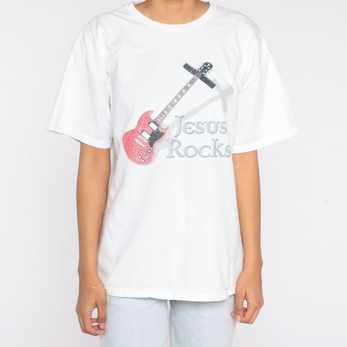 Y2K Jesus Rocks Guitar Graphic T-Shirt Christian Tee Extra Large XL