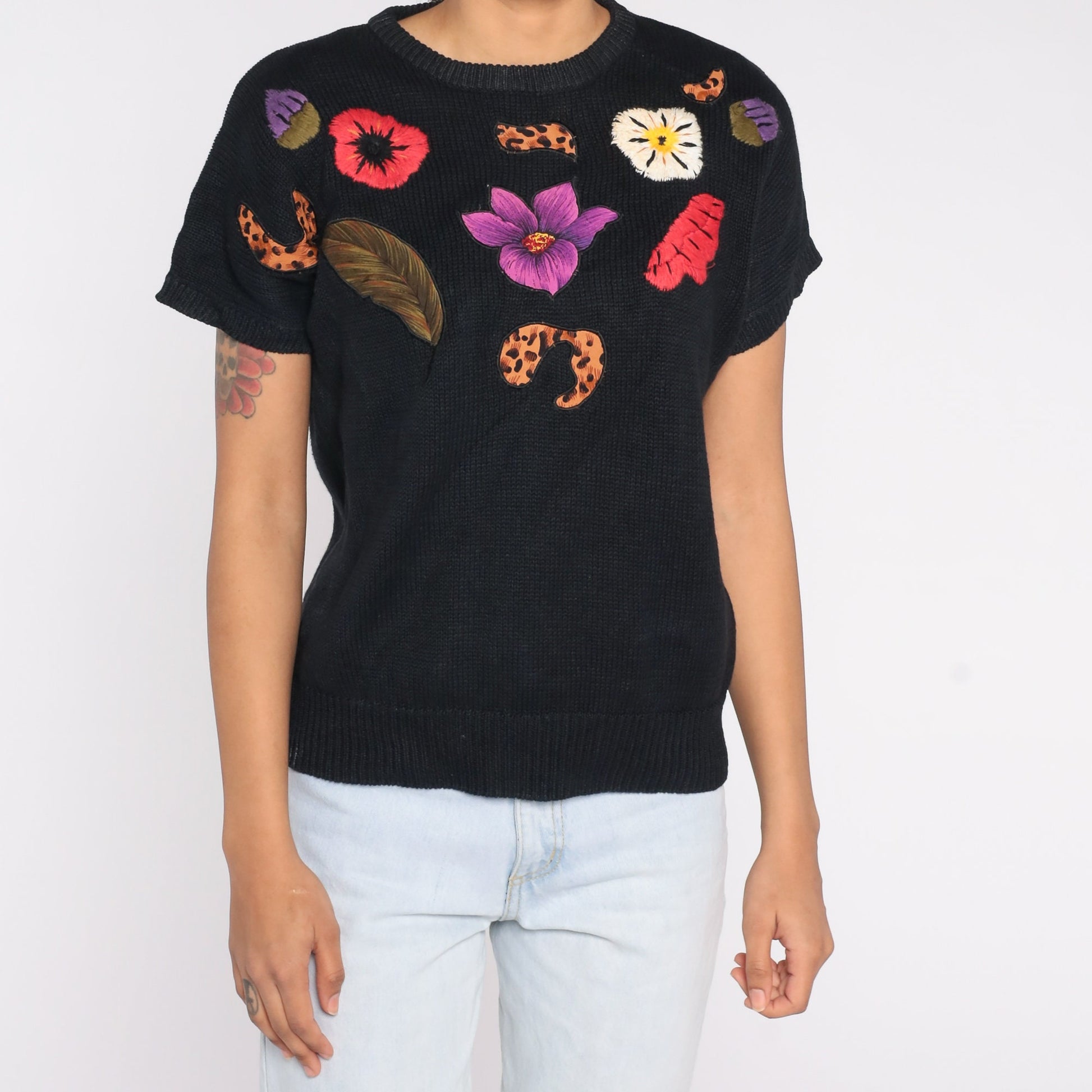 90s Black Knit Sweater Top Floral Embroidery Leopard Print Short Sleeve Medium M